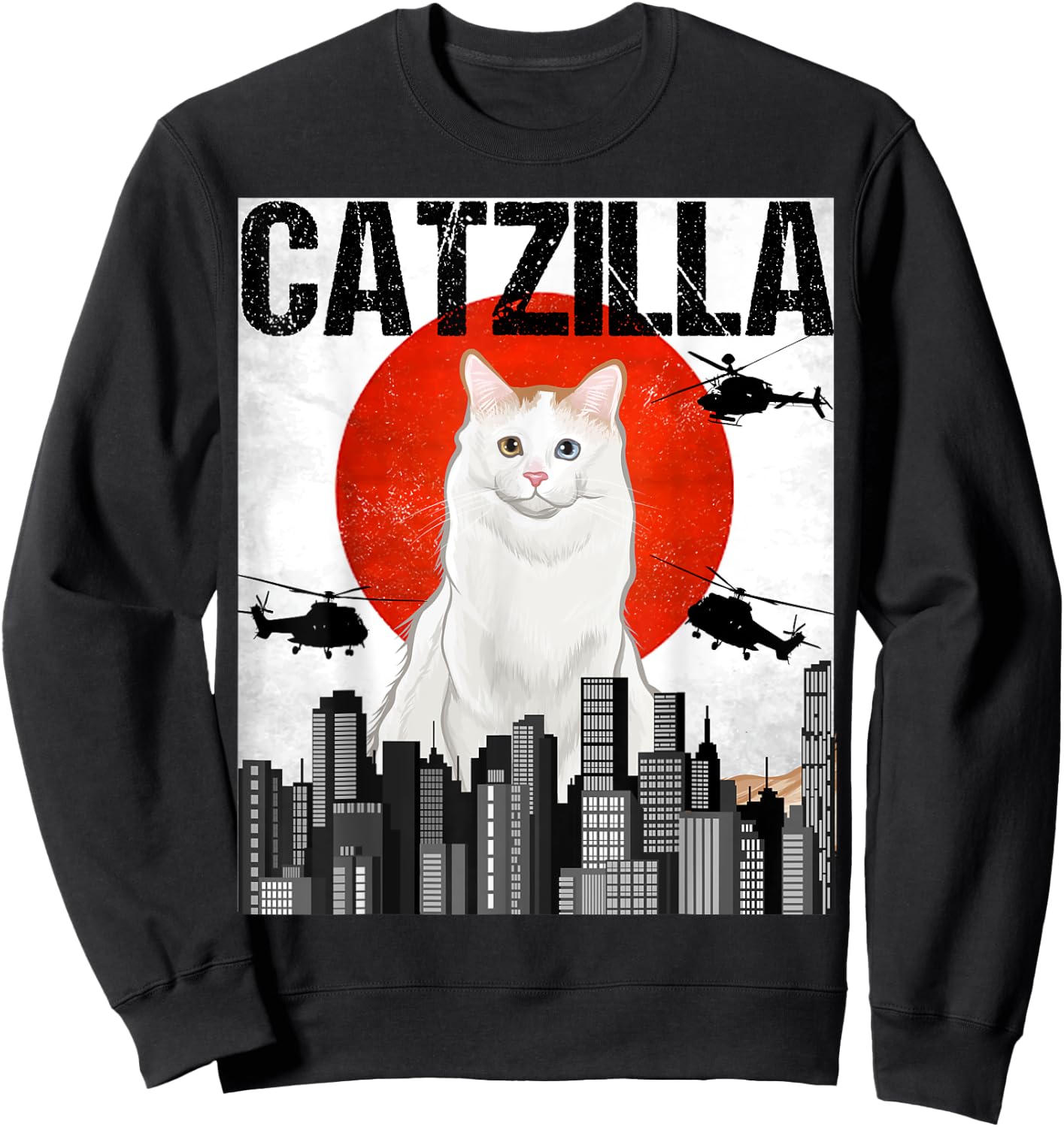 Funny Vintage Japanese Catzilla Turkish Van Cat Men Women Kids Sweatshirt - Sweatshirt | Black