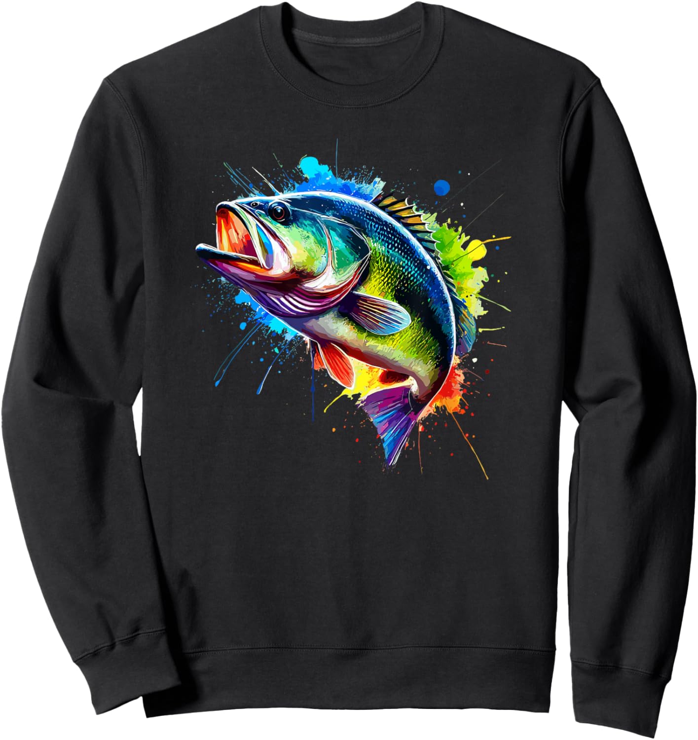 Colorful Splash Art Bass Fish Sweatshirt - Sweatshirt | Black