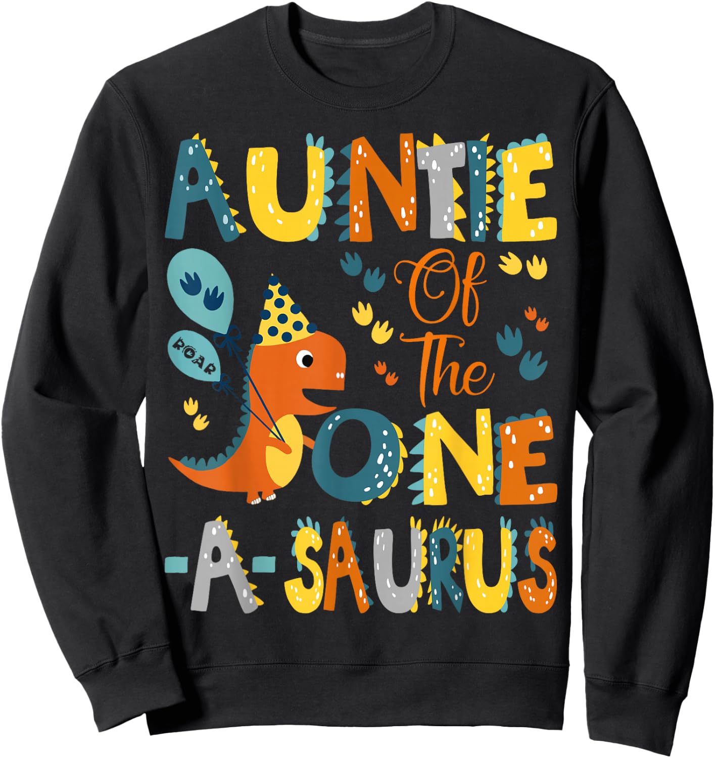 Dinosaur T-Rex 1St Birthday Matching Family Auntie Of The One-A-Saurus 1St Birthday Dinosaur Party -Kids Black Small Classic Fit Modern U-Neck Short Sleeve Sweatshirt - Sweatshirt | Black