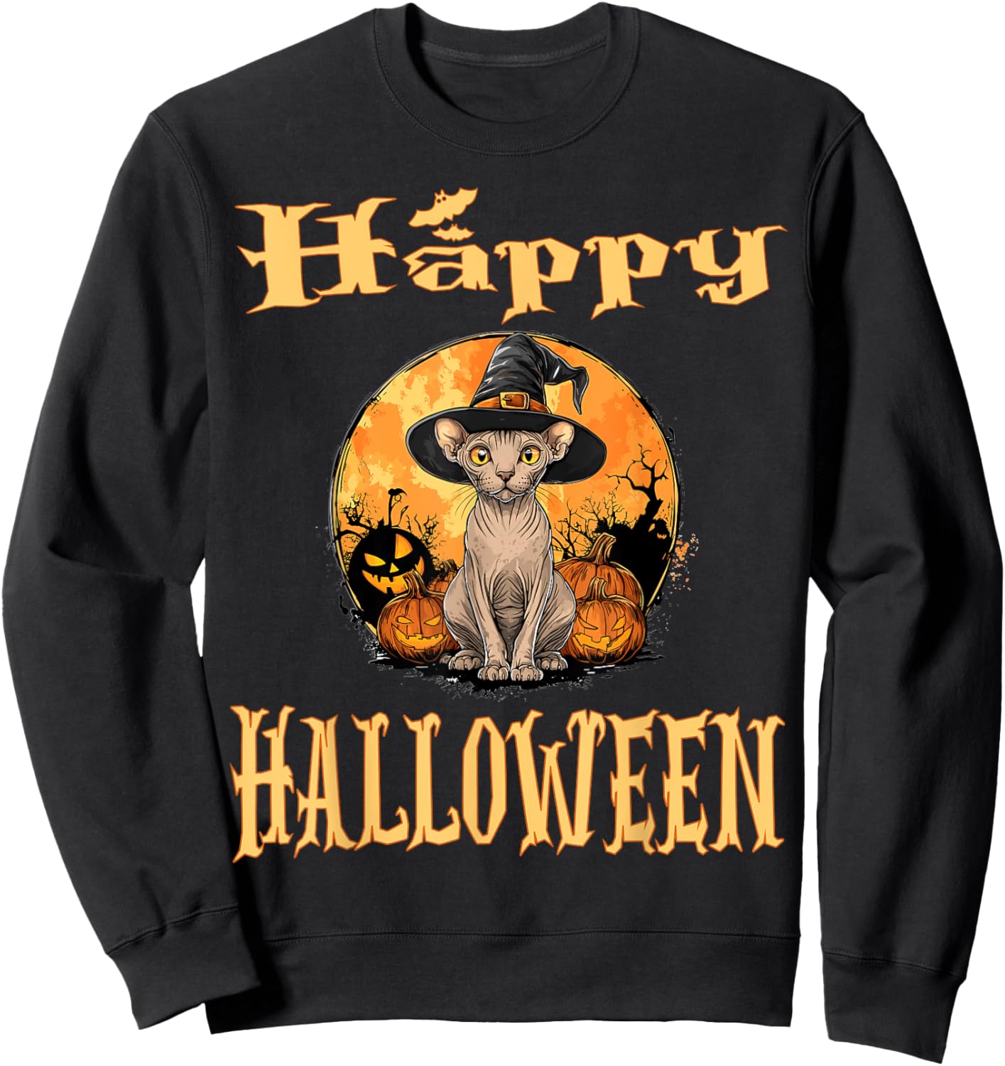 Sphynx Cat Animal Whitch Hat Halloween Pumpkin Spooky Happy Women Kids Sweatshirt - Sweatshirt | Black