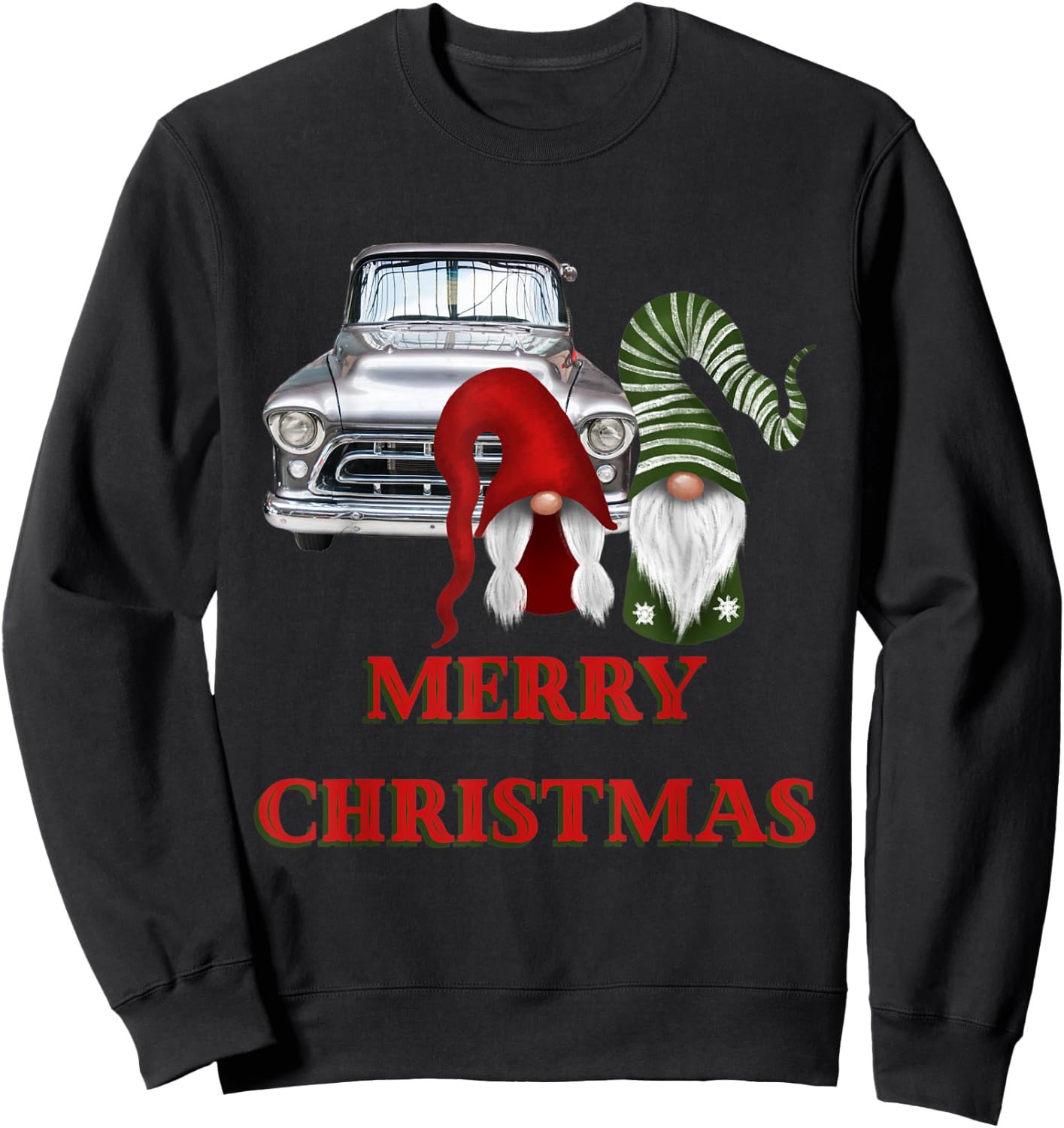 Merry Gnome Couple Old Pickup Truck Christmas Hotrod Holiday Sweatshirt - Sweatshirt | Black