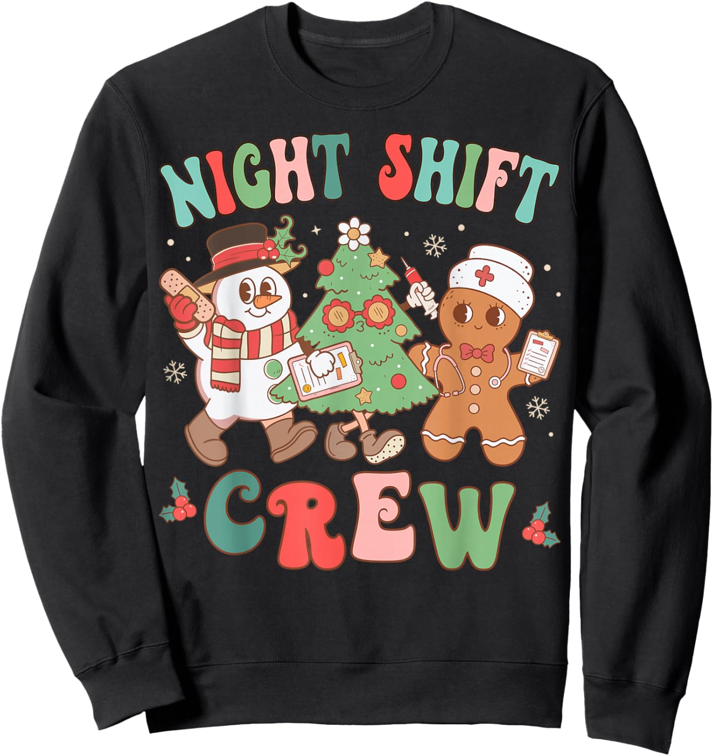 Retro Night Shift Nurse Crew Christmas Night Shift Nursing Sweatshirt - Sweatshirt | Black