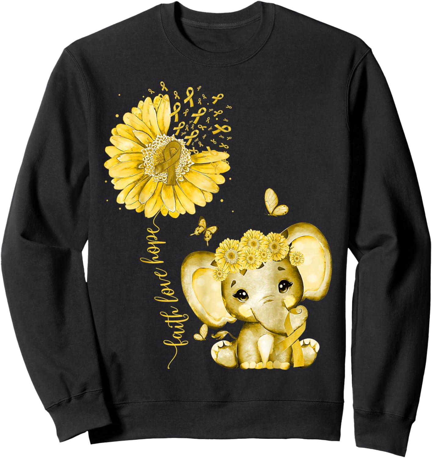 Childhood Cancer Cute Elephant With Sunflower Gold Ribbon Sweatshirt - Sweatshirt | Black