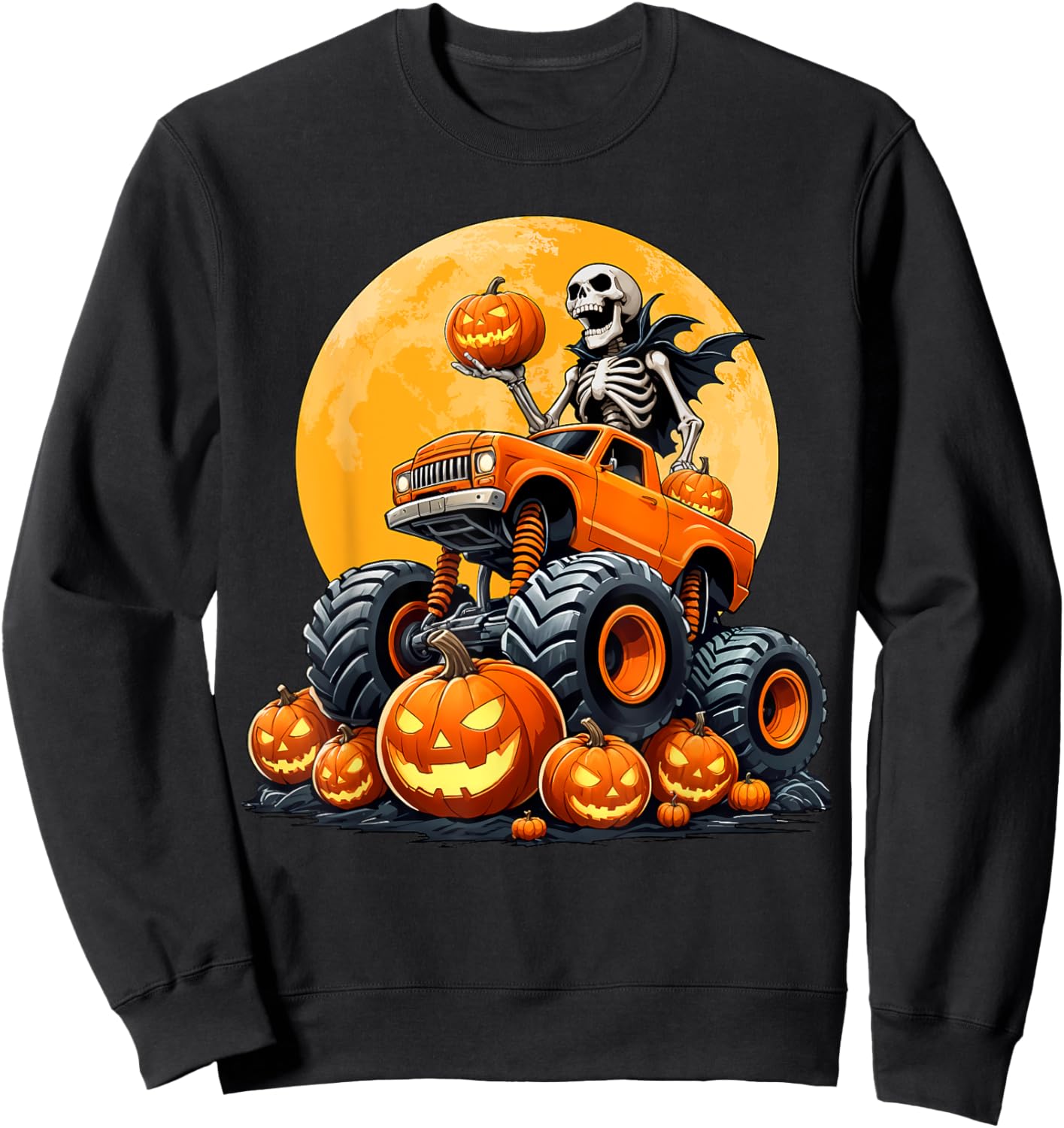 Skeleton Riding Monster Truck Halloween Pumpkin Kids Toddler Sweatshirt - Sweatshirt | Black