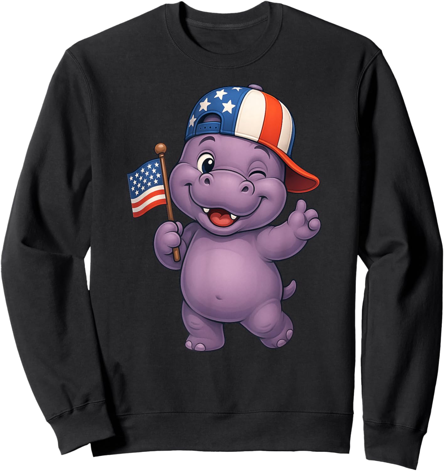 Hippo USA Flag 4th July Independence Day Boys Girls Kids Sweatshirt - Sweatshirt | Black