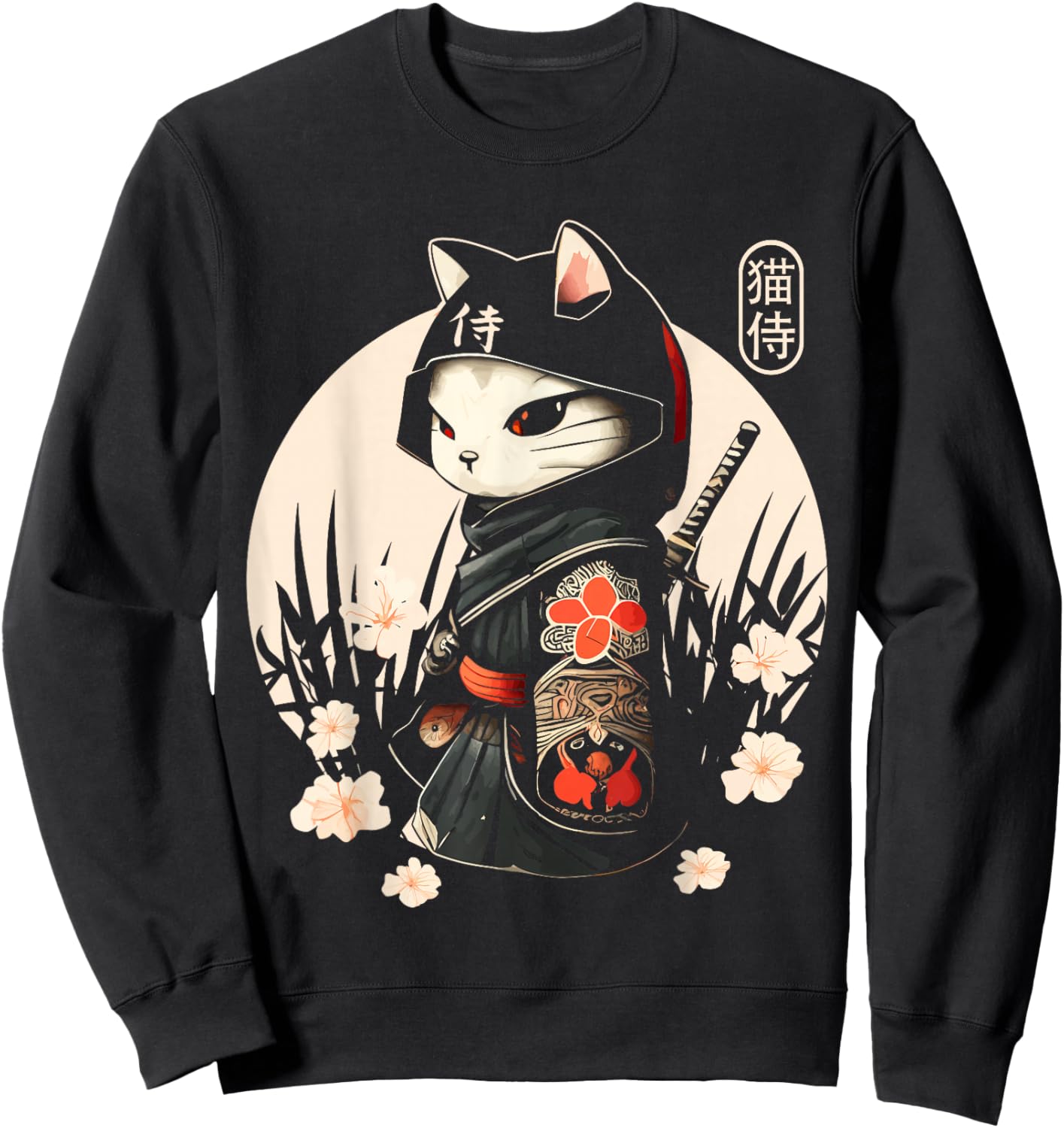 Japanese Samurai Cat Tattoo, Kawaii Ninja Cat Sweatshirt - Sweatshirt | Black