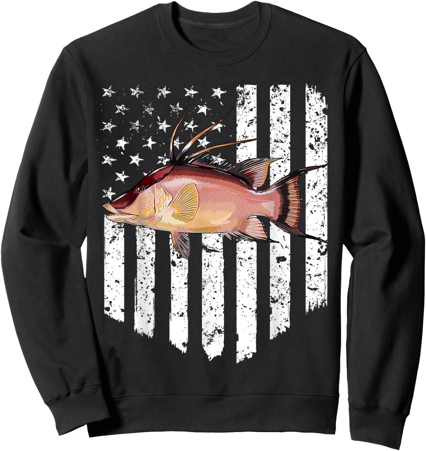 Black White American Flag Hogfish 4th Of July Fish Women Men Sweatshirt - Sweatshirt | Black