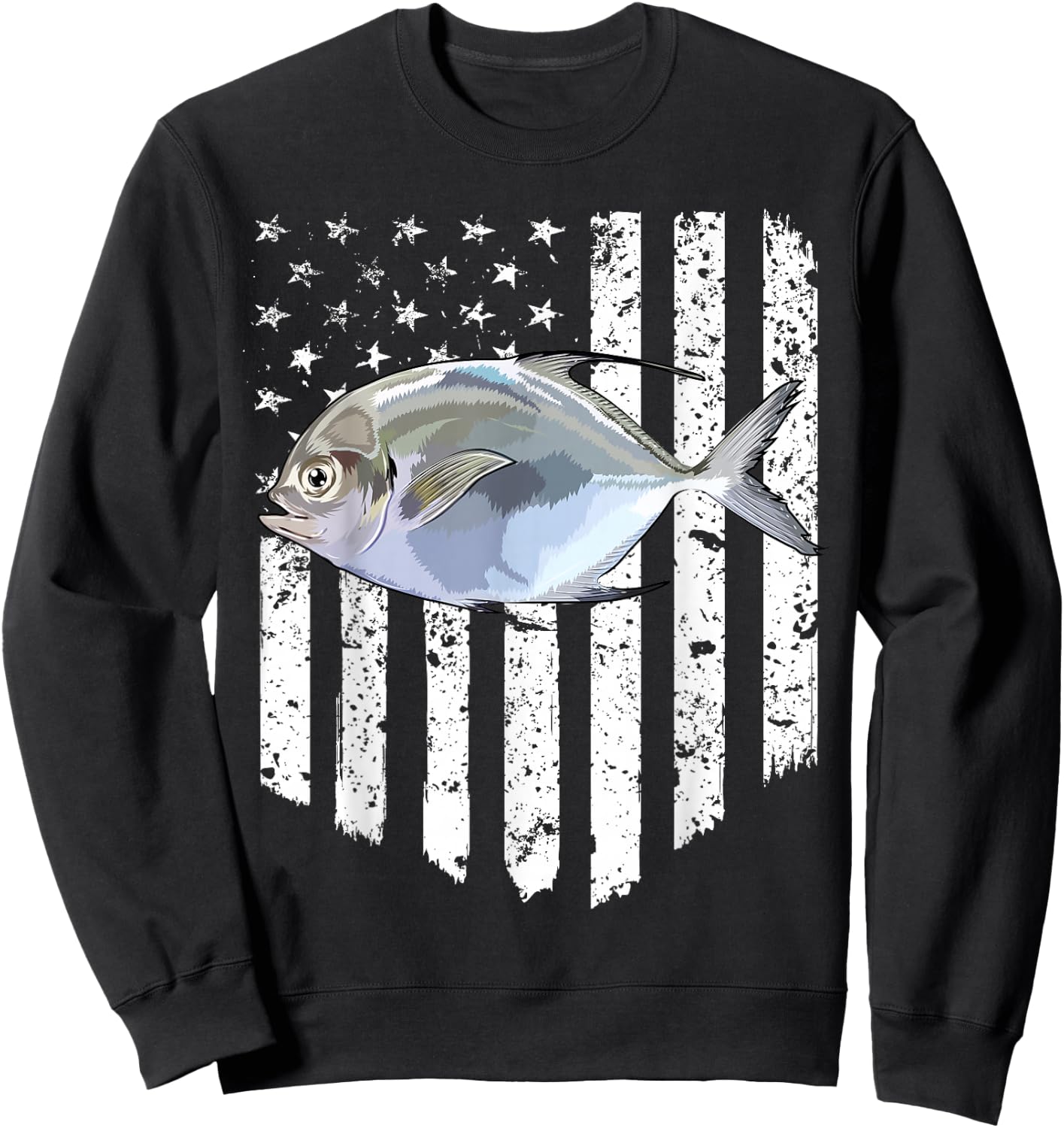 Black White American Flag Pompano 4th Of July Fish Sweatshirt - Sweatshirt | Black