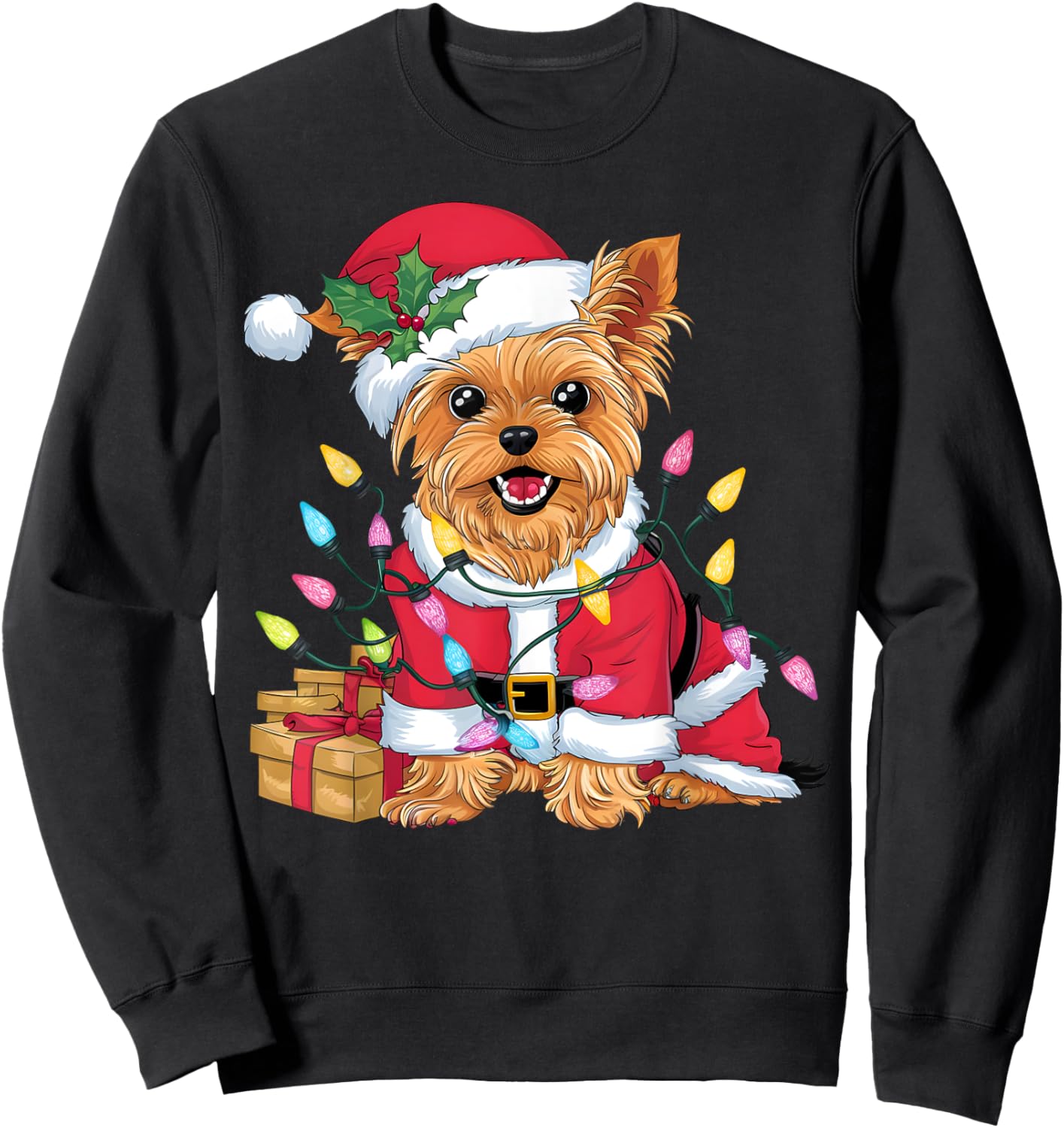 Family Xmas Lighting Santa Yorkie Dog Christmas Sweatshirt - Sweatshirt | Black