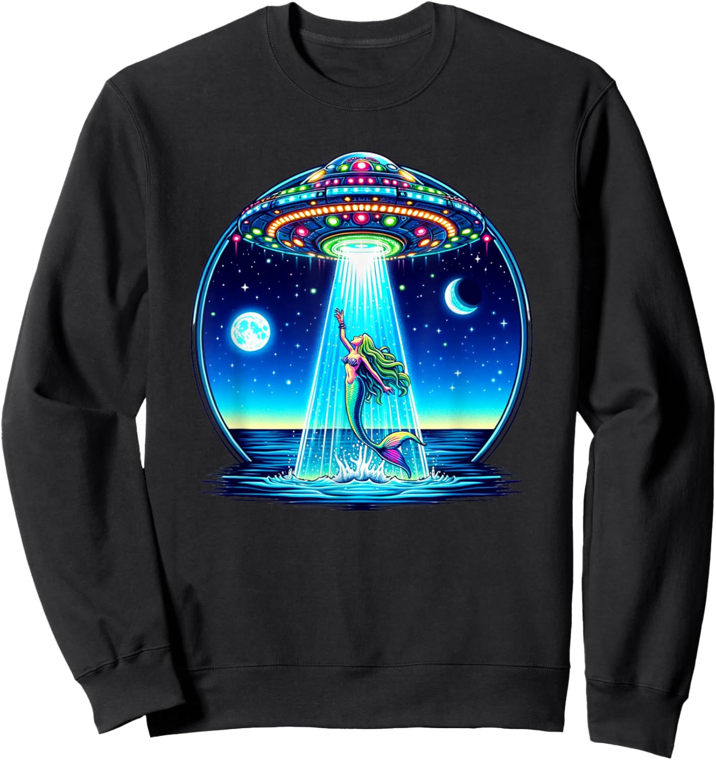 Mermaid Abduction Alien Invasion Funny UFO Spaceship Sweatshirt - Sweatshirt | Black