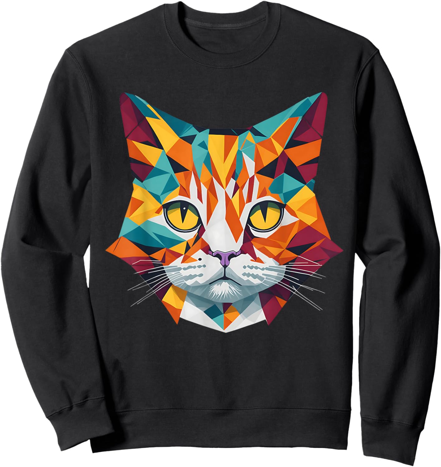 Whiskered Kaleidoscope: Geometric Colorful Abstract Cat Women Kids Sweatshirt - Sweatshirt | Black