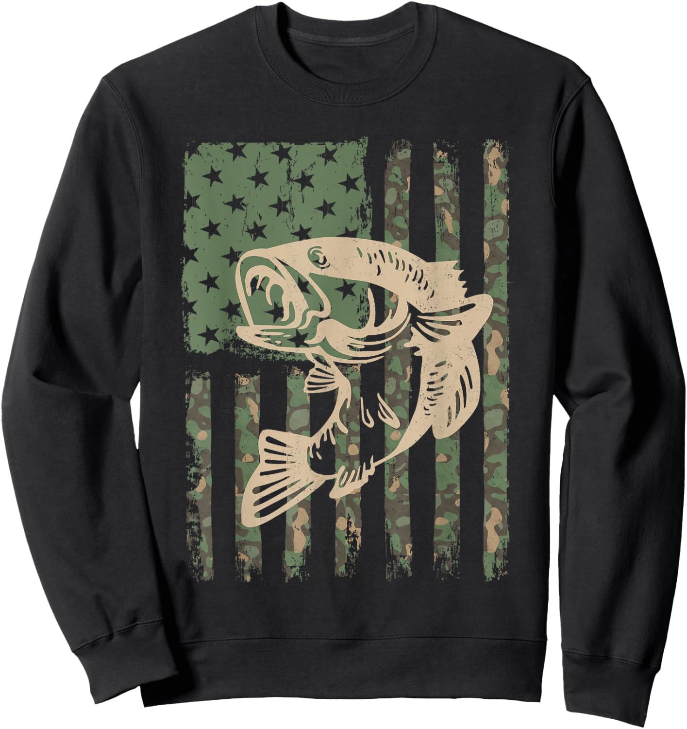 Camouflage USA Flag Big Mouth Bass Fishing Sweatshirt - Sweatshirt | Black