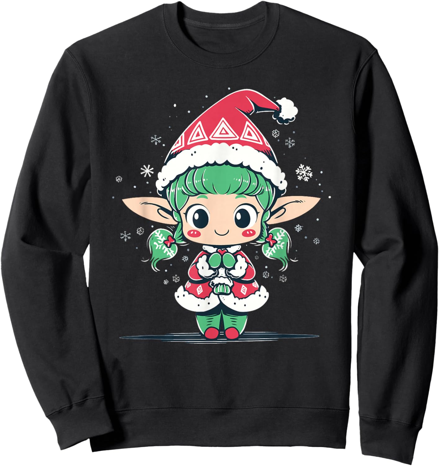 Cute Christmas Elf in Santa Claus Hat Little Girl Graphic Sweatshirt - Sweatshirt | Black