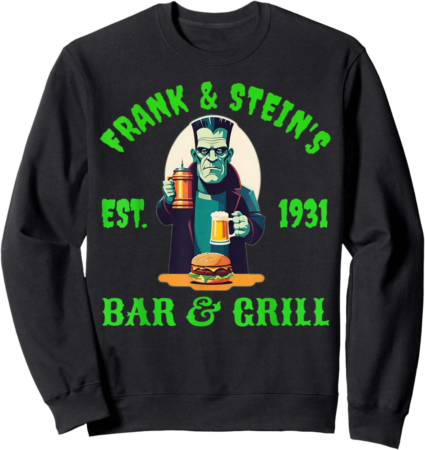 Frank and Steins Bar and Grill Frankenstein Funny Halloween Sweatshirt - Sweatshirt | Black