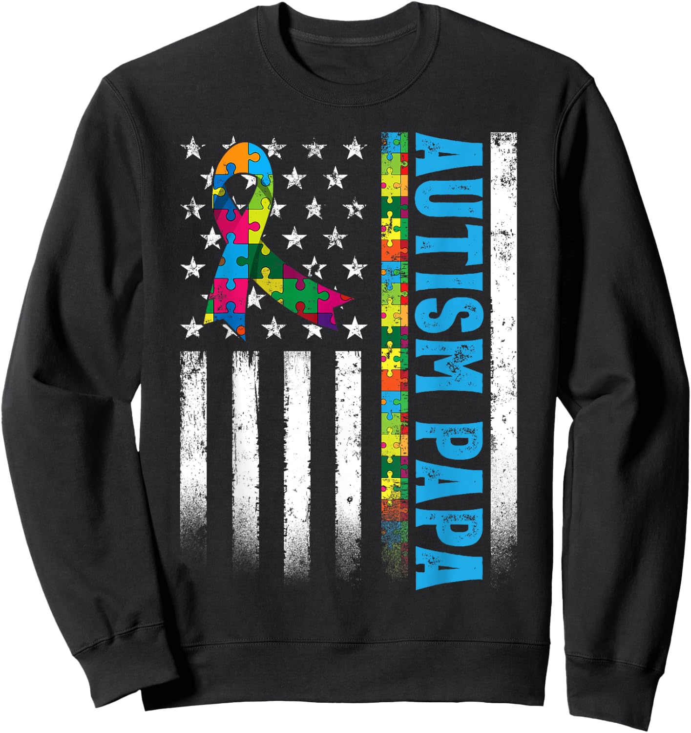 Retro American Flag Autism Papa Awareness Autistic Sweatshirt - Sweatshirt | Black