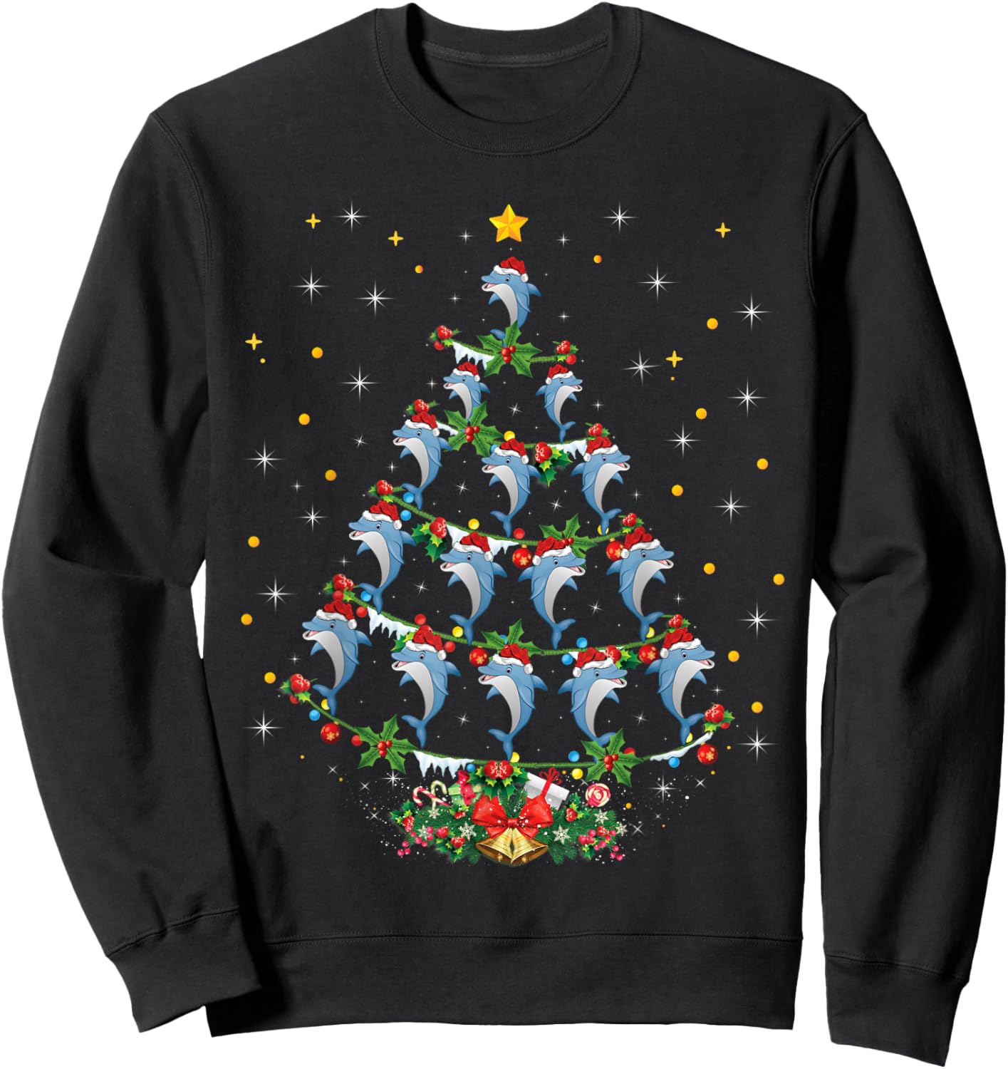 Santa Dolphin Fish Lover Xmas Gift Dolphin Christmas Tree Sweatshirt - Sweatshirt | Black