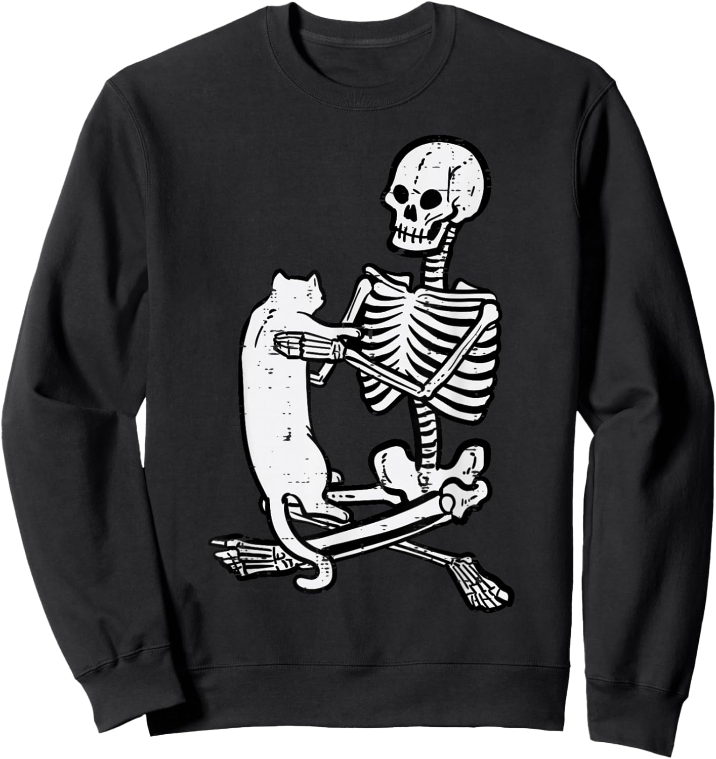 Skeleton Holding Cat Vintage Goth Halloween Men Women Kids Sweatshirt - Sweatshirt | Black