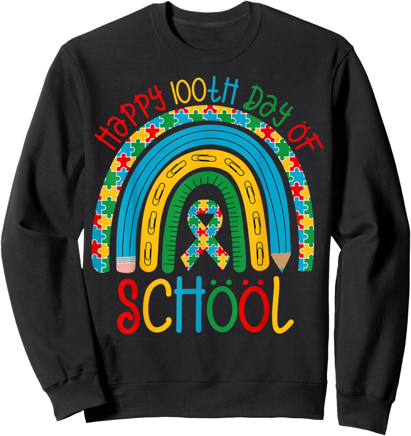 Happy 100th Days of School - Autism Puzzle Ribbon Awareness Sweatshirt - Sweatshirt | Black