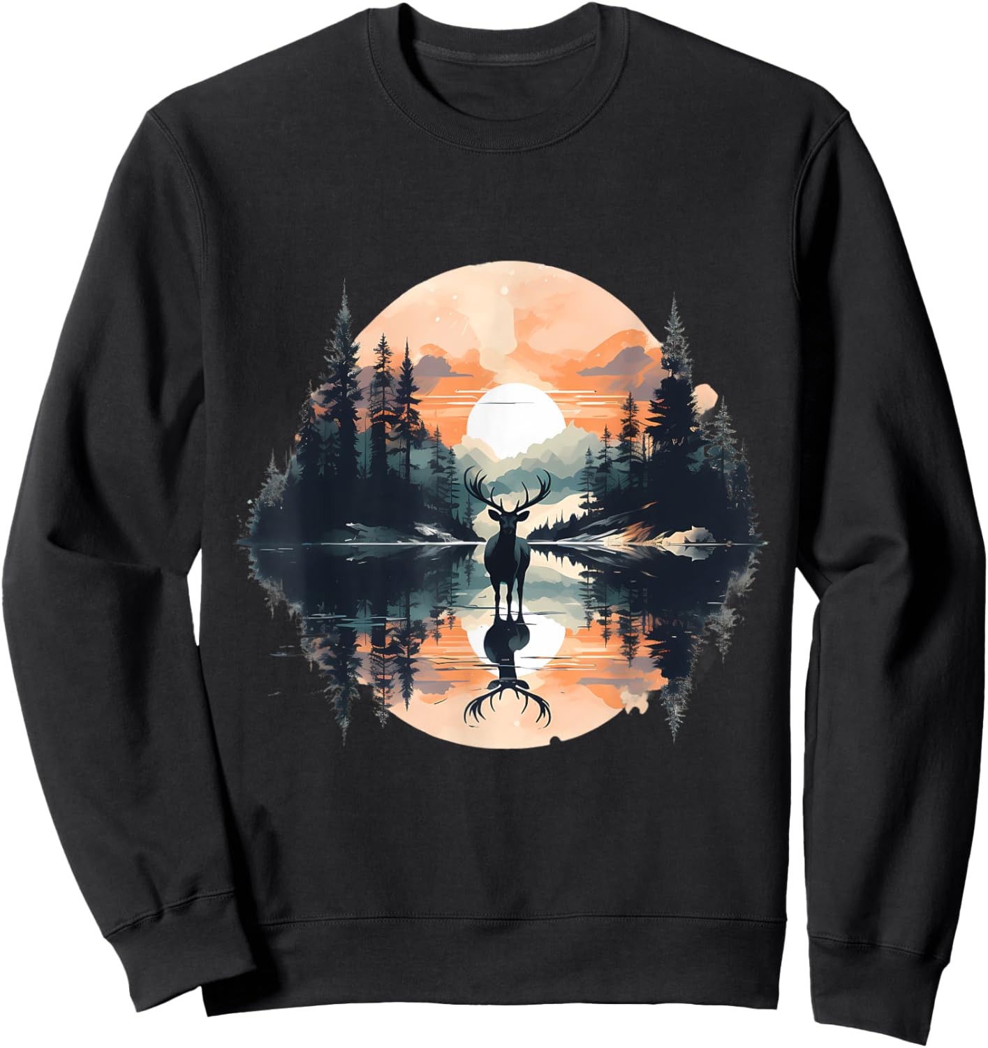 Deer Landscape Moon Motif Animal Lovers Forest Wildlife Sweatshirt - Sweatshirt | Black