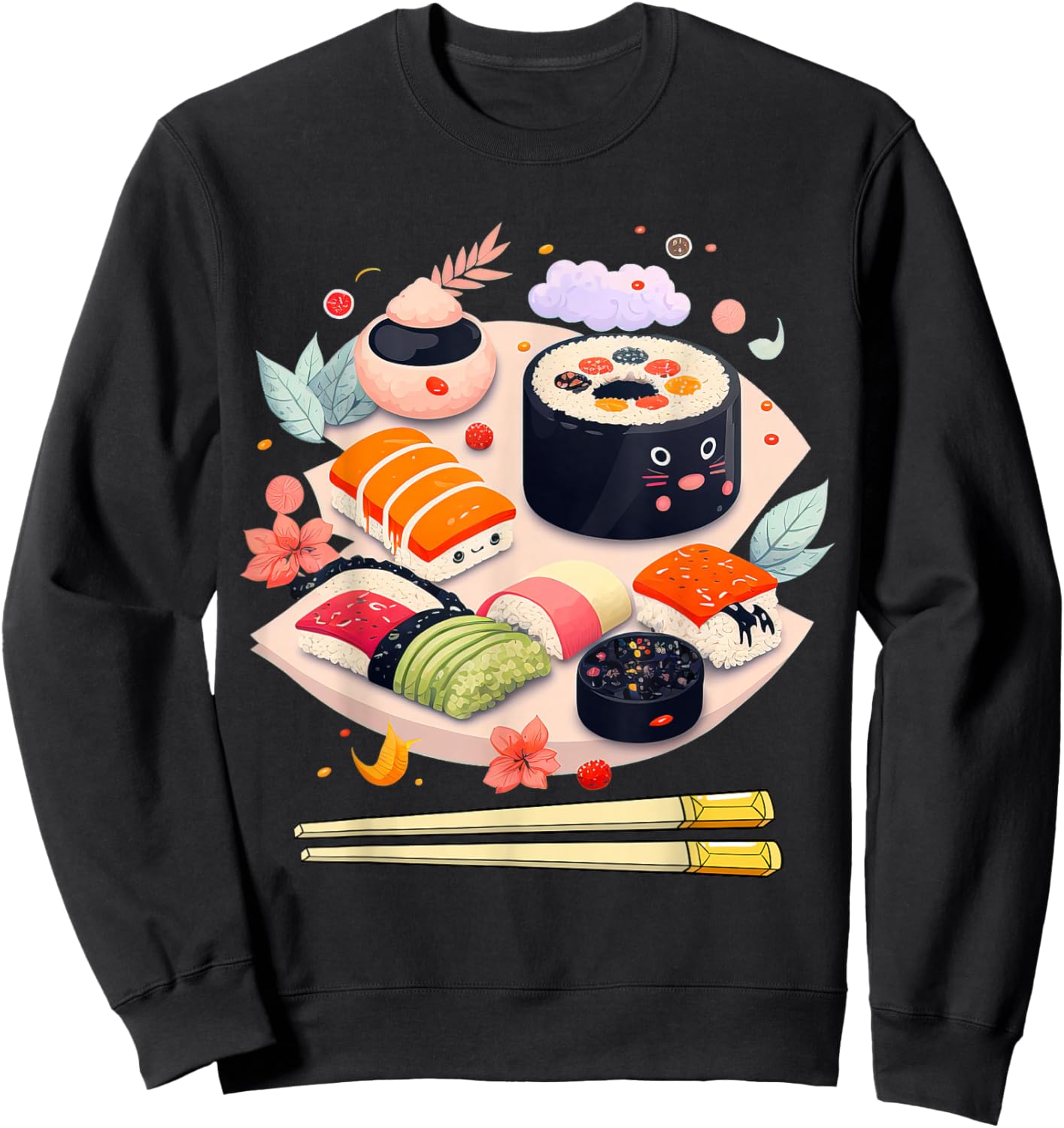 Happy Sushi Anime Kawaii Set Japanese Food Lover Otaku Manga Sweatshirt - Sweatshirt | Black