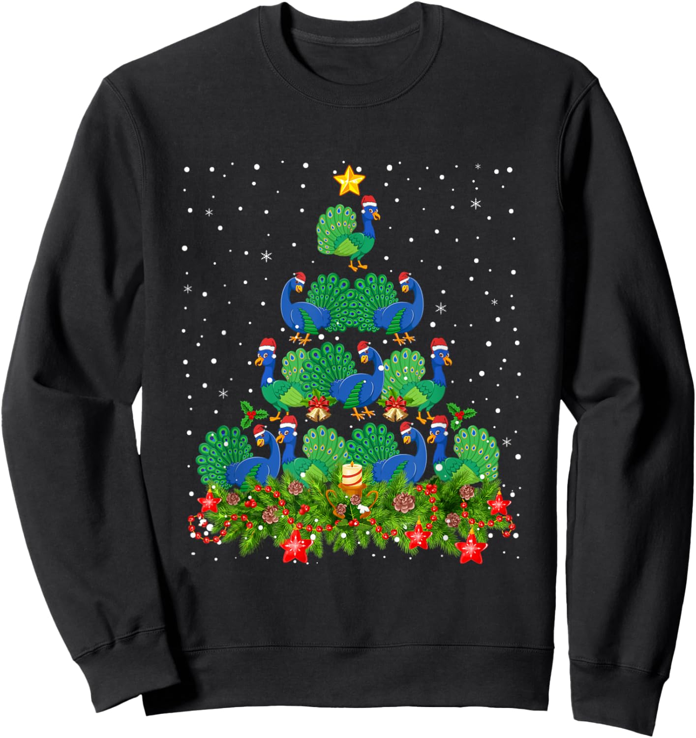 Peacock Bird Xmas Tree - Santa Hat Peacock Christmas Sweatshirt - Sweatshirt | Black