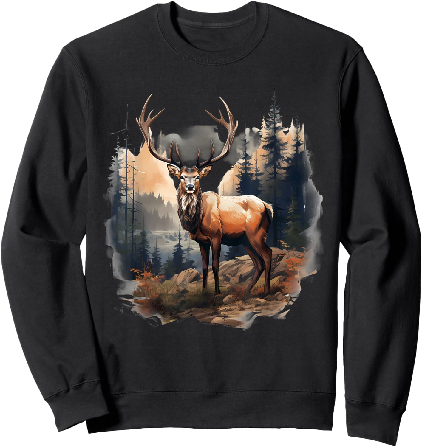 Deer Forest Landscape Wildlife Artwork Nature Animal Lovers Sweatshirt - Sweatshirt | Black