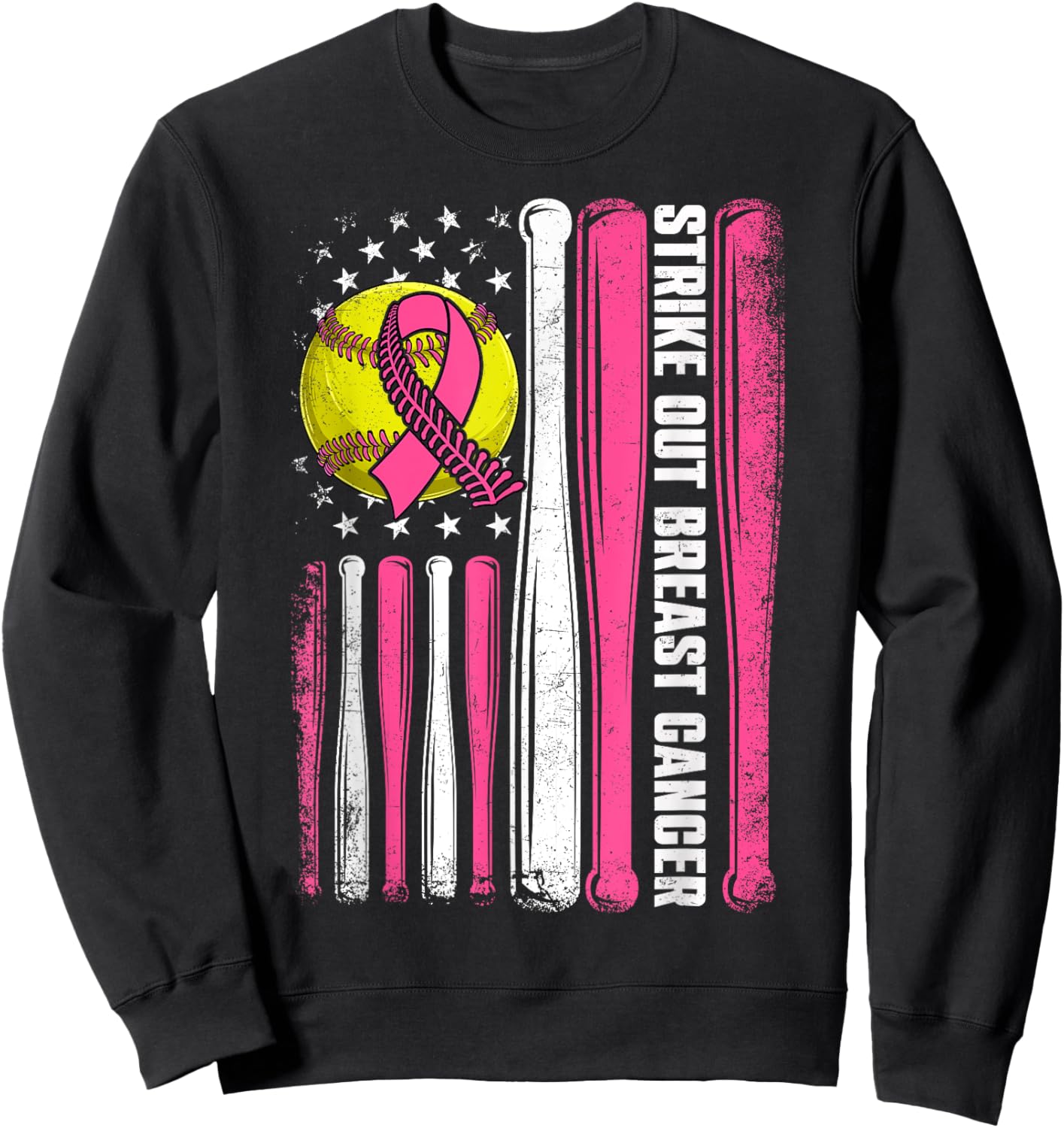 Strike Out Breast Cancer Softball American Flag Women Girls Sweatshirt - Sweatshirt | Black