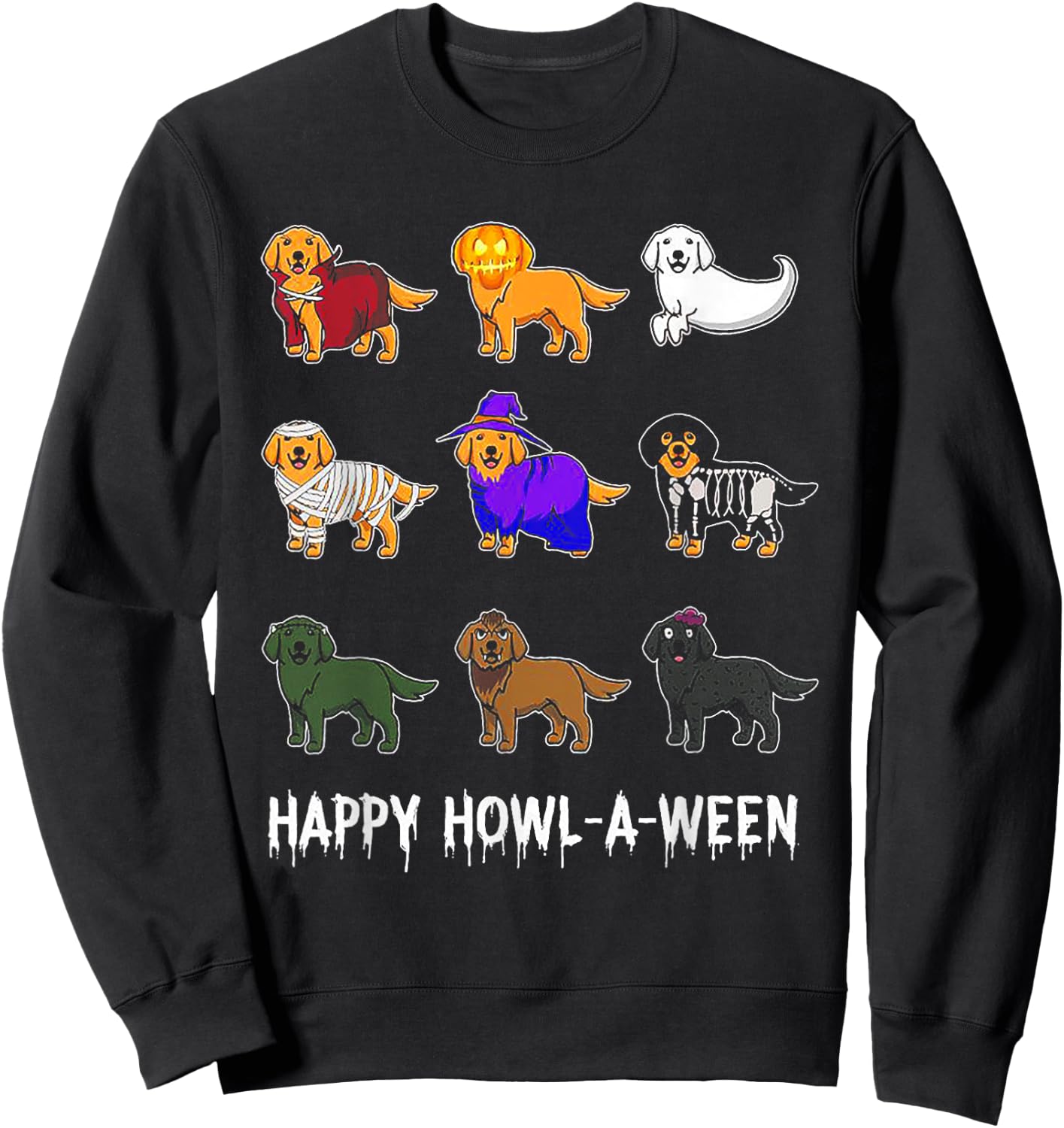 Funny Golden Retriever Dog Halloween Happy Howl-o-ween Men Women Kids Sweatshirt - Sweatshirt | Black