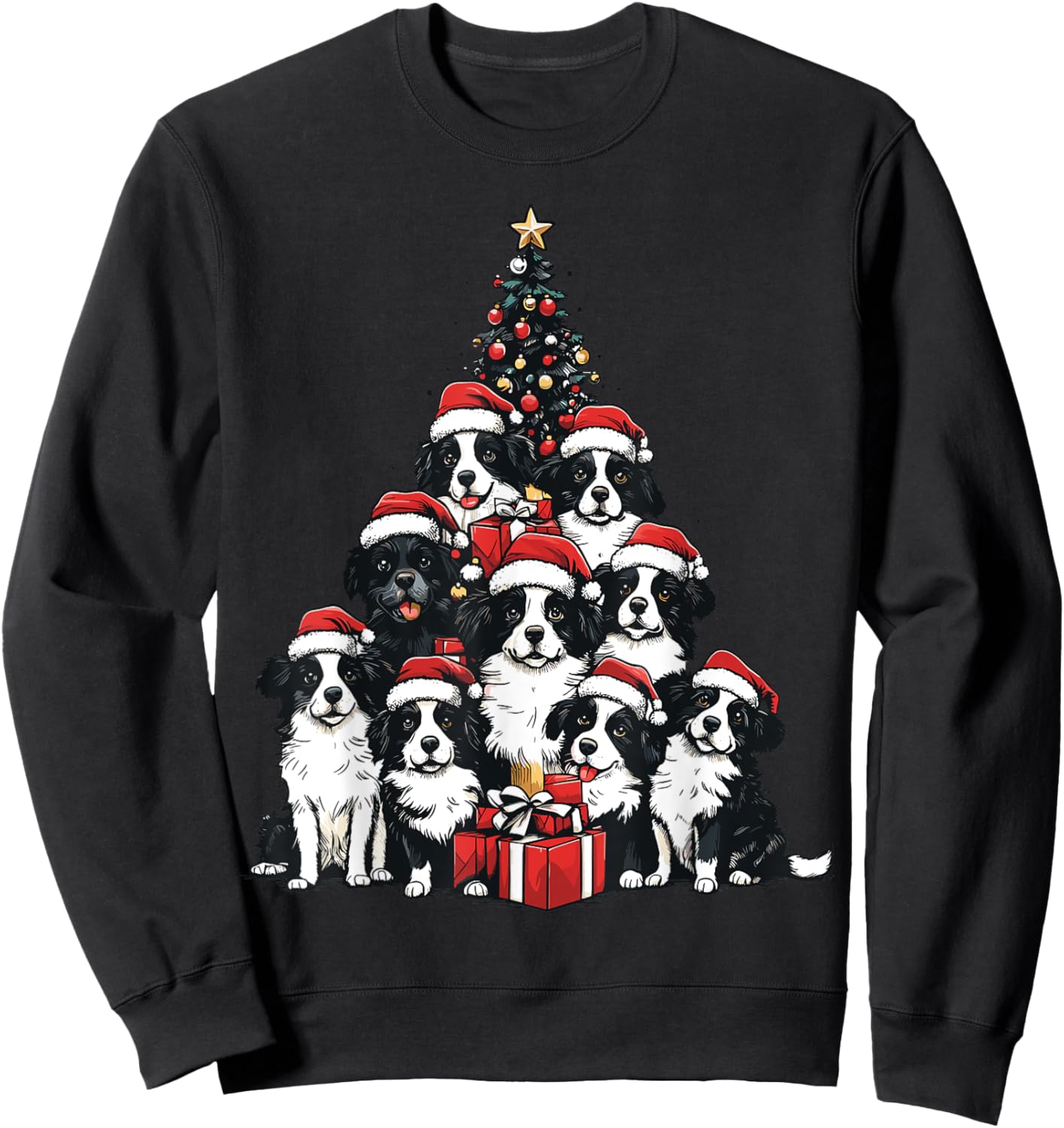 Border Collie Santa Christmas Tree Xmas Dog Lover Pajama Sweatshirt - Sweatshirt | Black