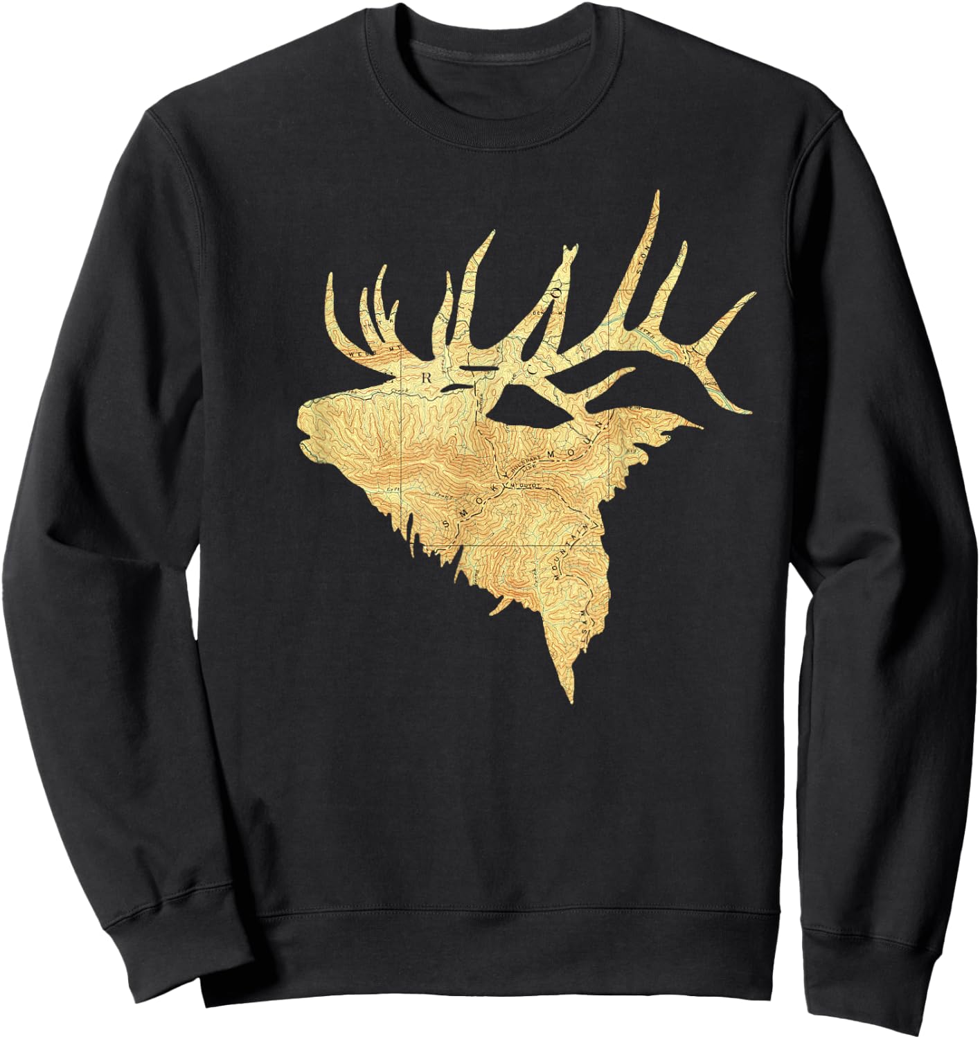 Topographical Bull Elk Topo Map Vintage Sweatshirt - Sweatshirt | Black