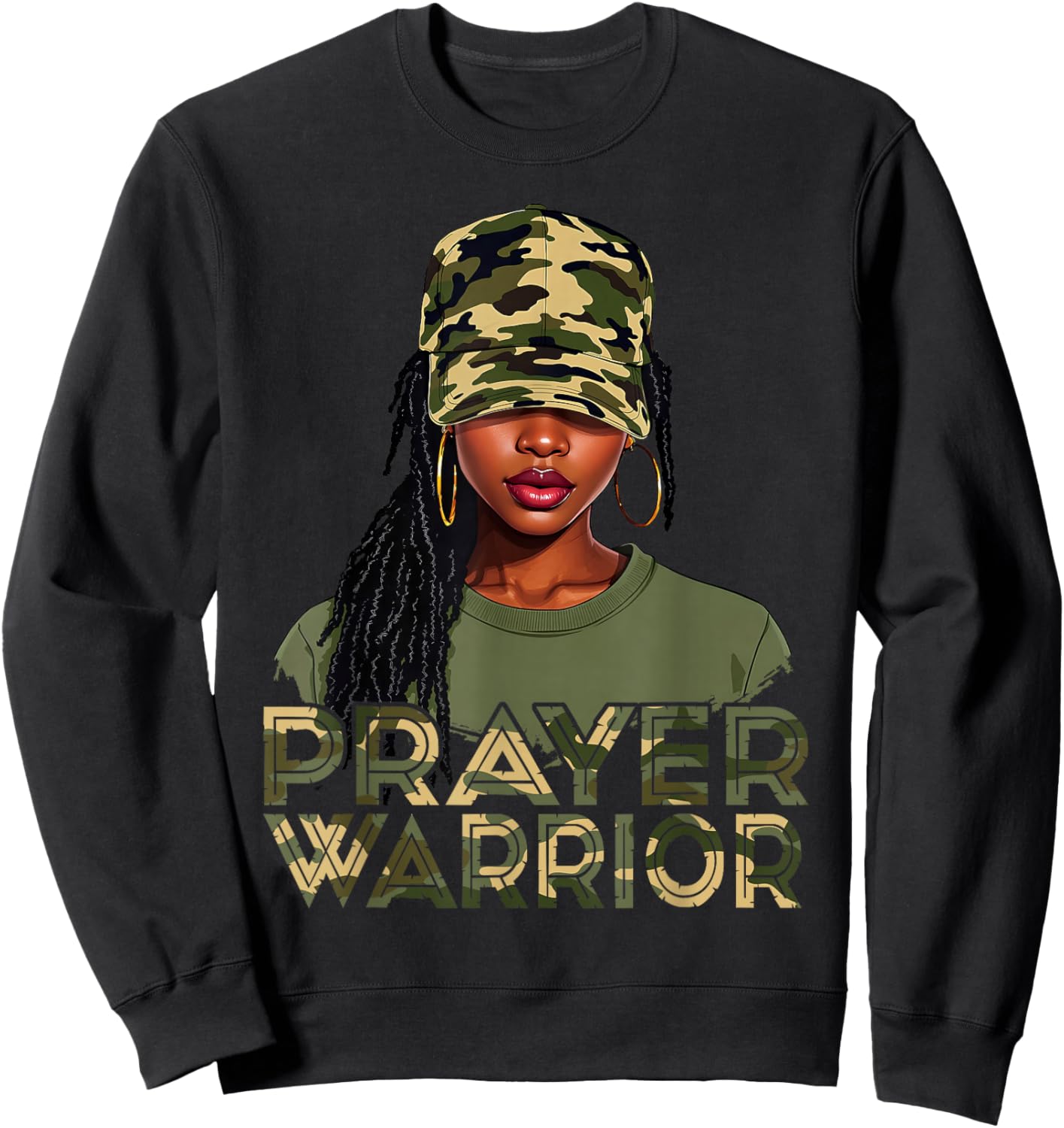 Camo Hat Prayer Warrior God Jesus Christian Black Girl Women Sweatshirt - Sweatshirt | Black