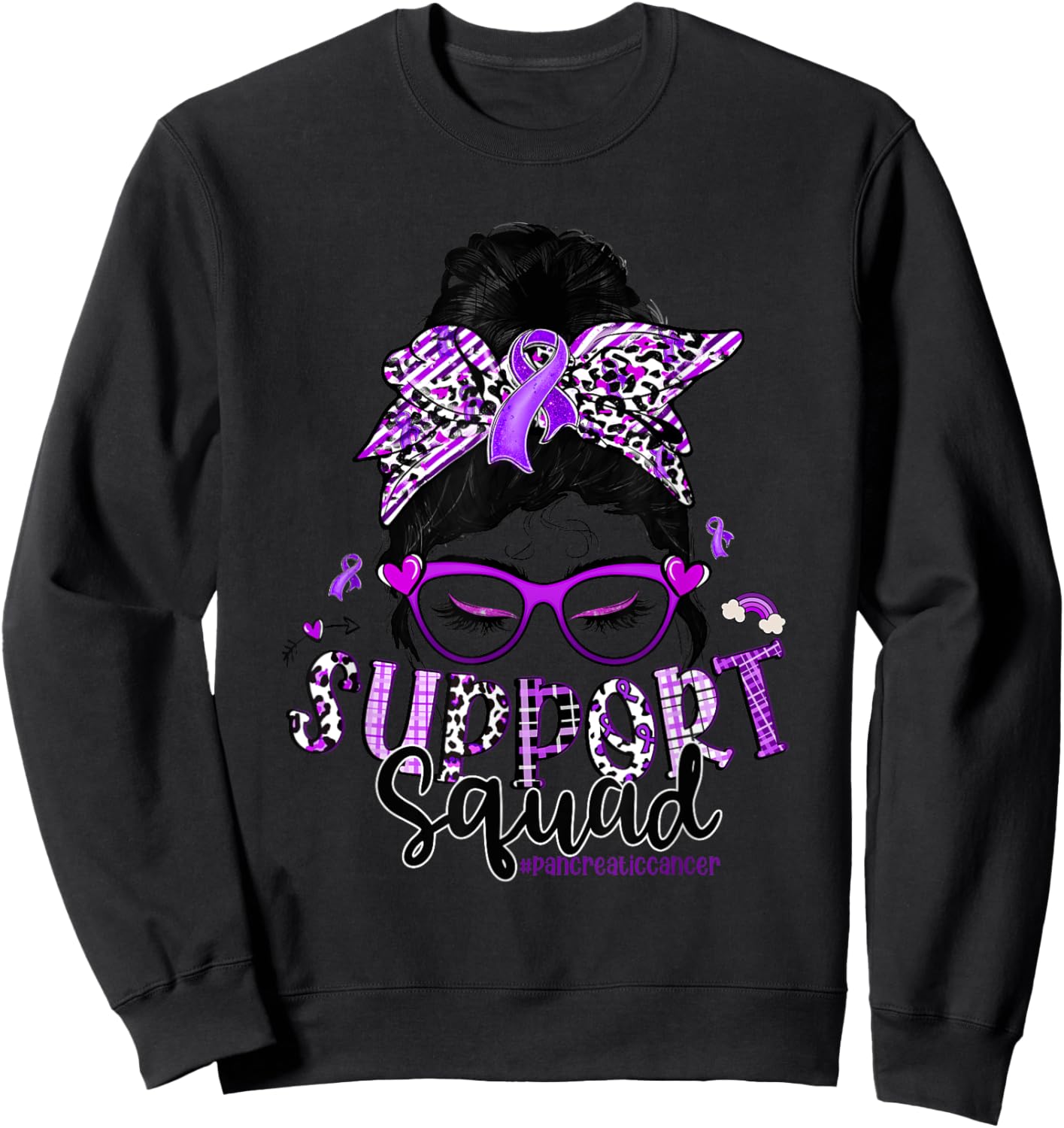 Leopard Messy Bun Support Squad Pancreatic Cancer Sweatshirt - Sweatshirt | Black