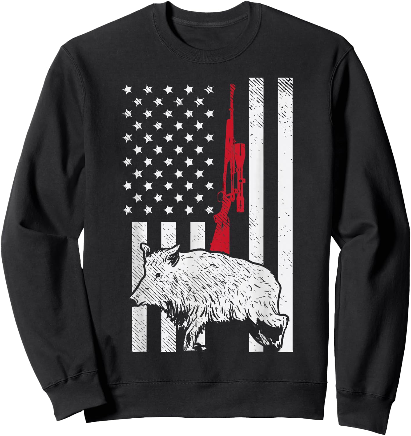 American Flag Rifle Hog Boar Pig Gun Hunting USA Hunter Gift Sweatshirt - Sweatshirt | Black