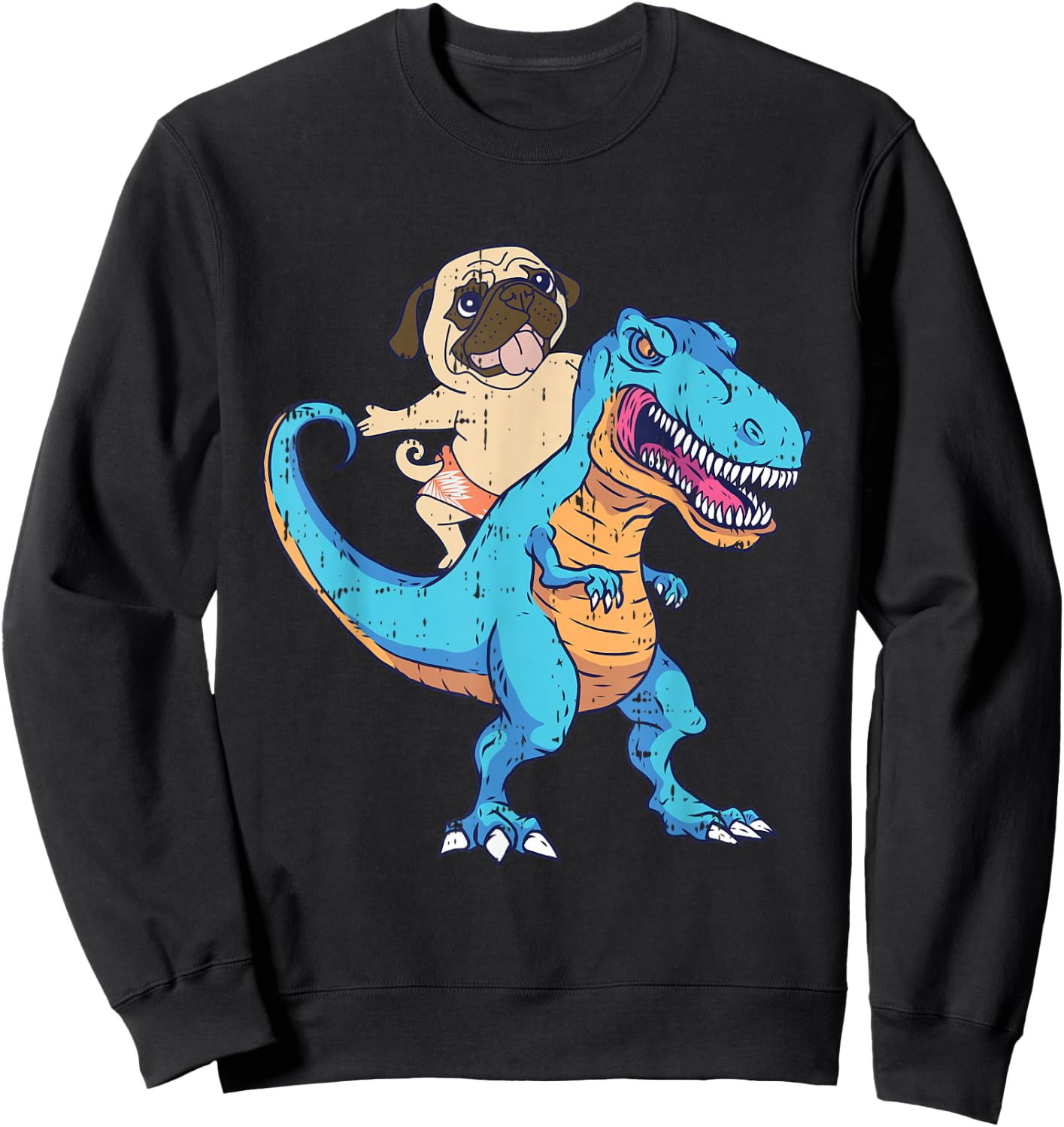 Pug Riding T-Rex Surfing Dinosaur Funny Dog Lover Gifts Women Girls Kids Sweatshirt - Sweatshirt | Black