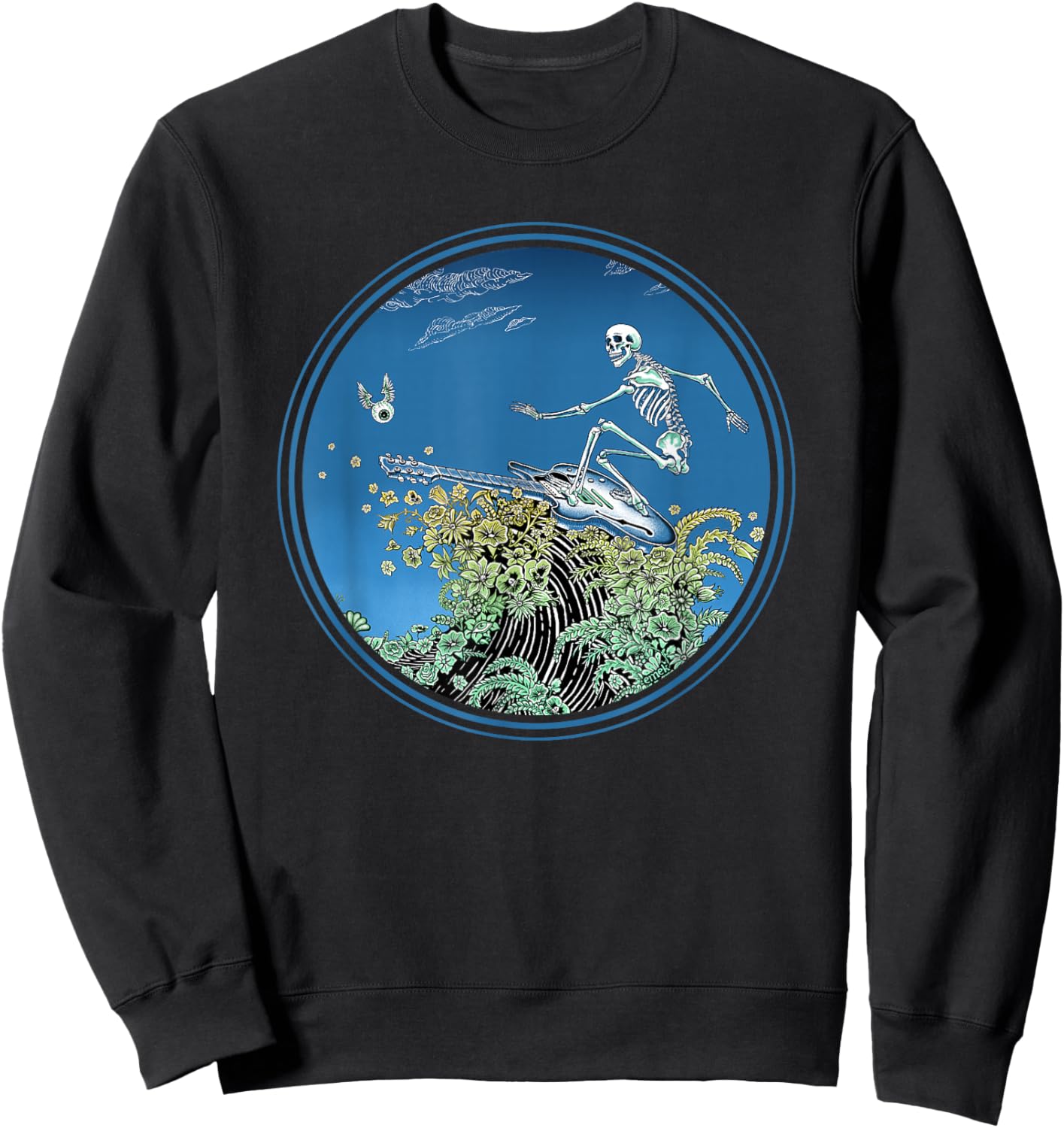 Surfing Skeleton Circle - by Emek Artman Sweatshirt - Sweatshirt | Black