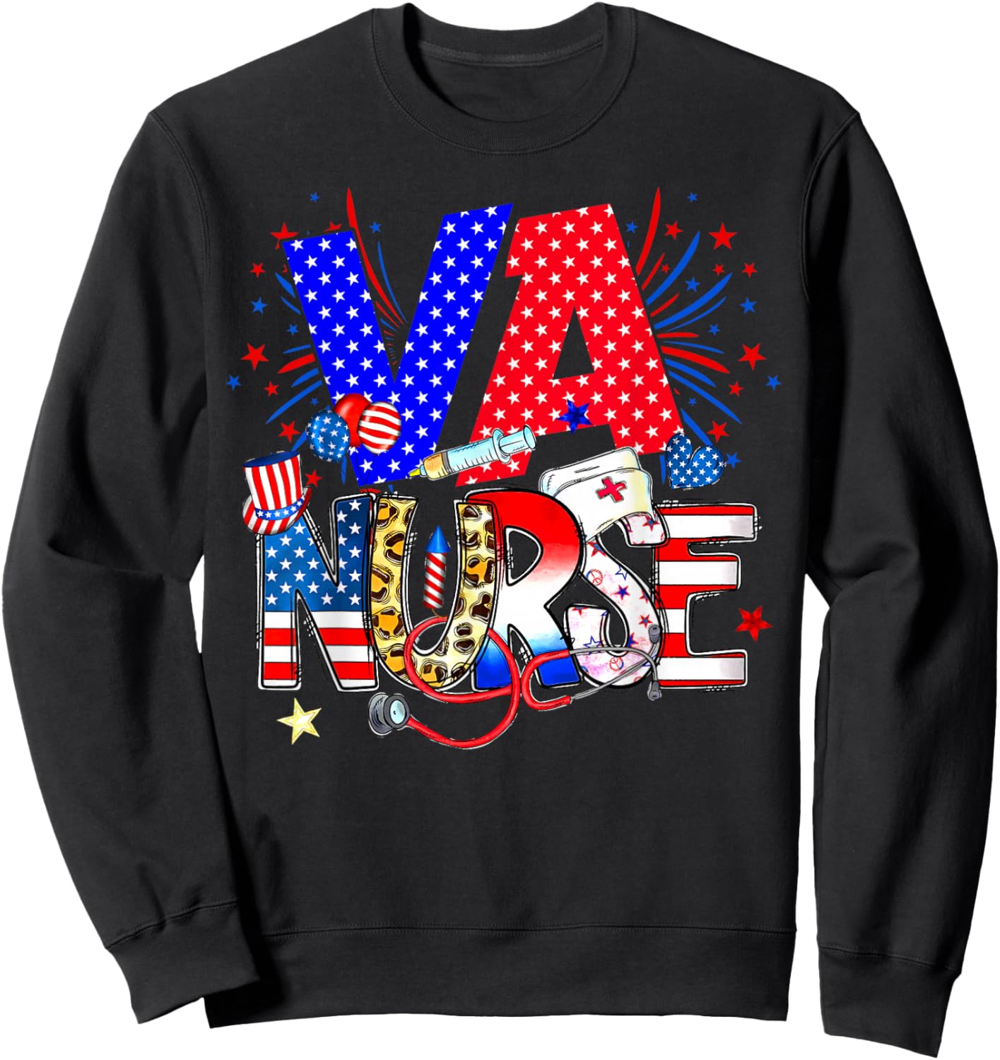 VA Nurse 4th Of July American Flag Stethoscope Sweatshirt - Sweatshirt | Black