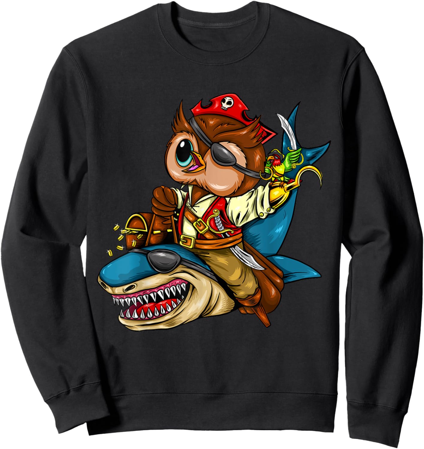 Pirate Owl Riding Shark Halloween Sweatshirt - Sweatshirt | Black