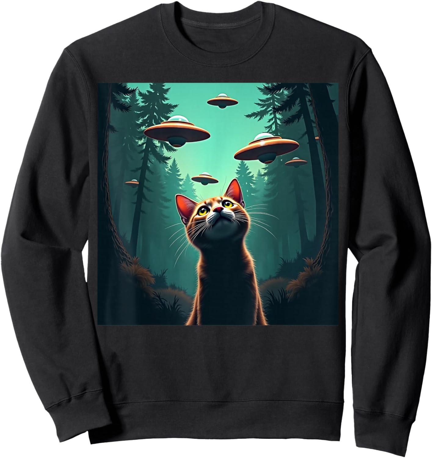 Cute Cat Selfie With UFO Invasion Alien Spaceship Sweatshirt - Sweatshirt | Black