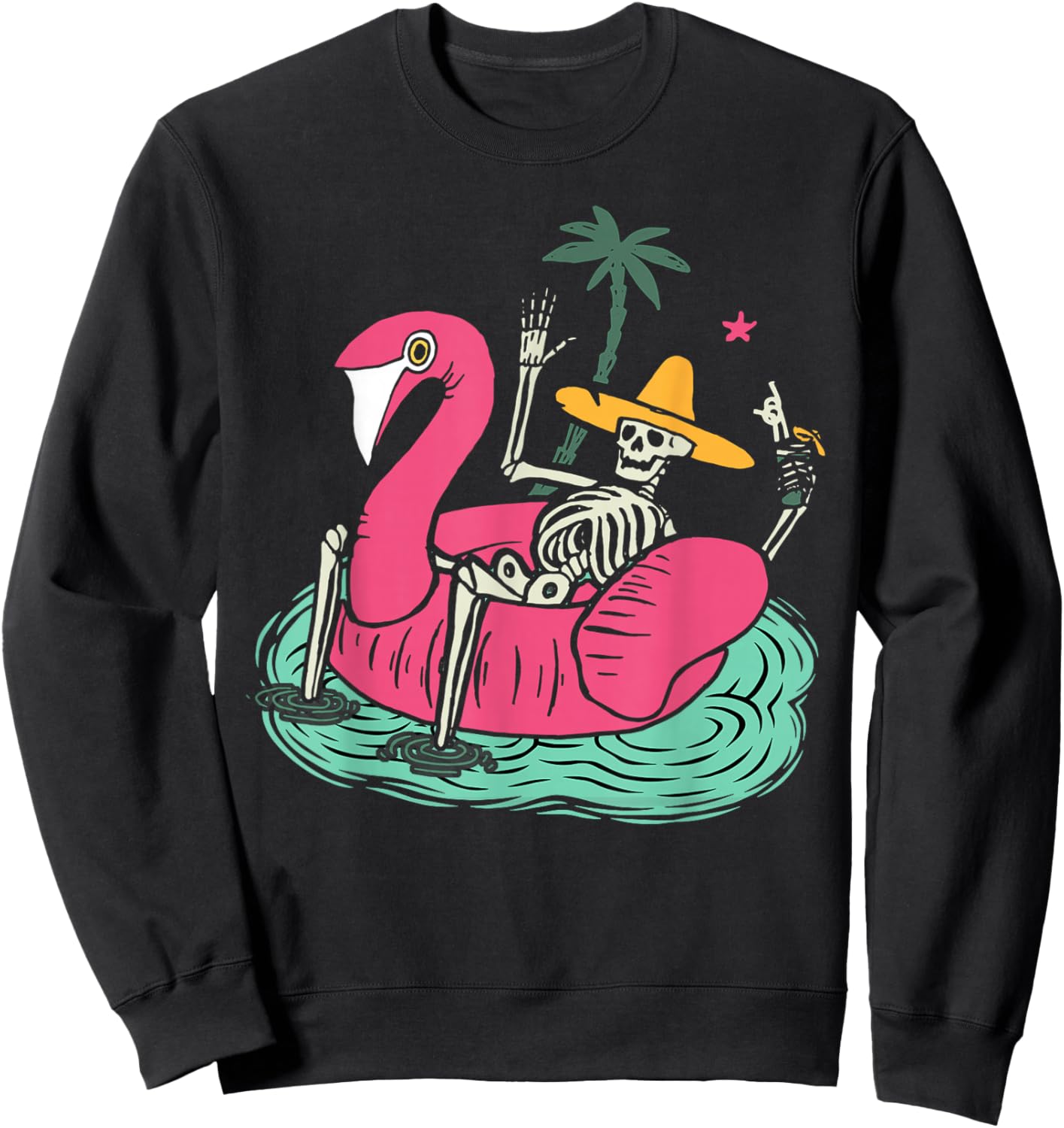 Skeleton Flamingo Float Vacation Beach Drink Retro Halloween Men Women Sweatshirt - Sweatshirt | Black