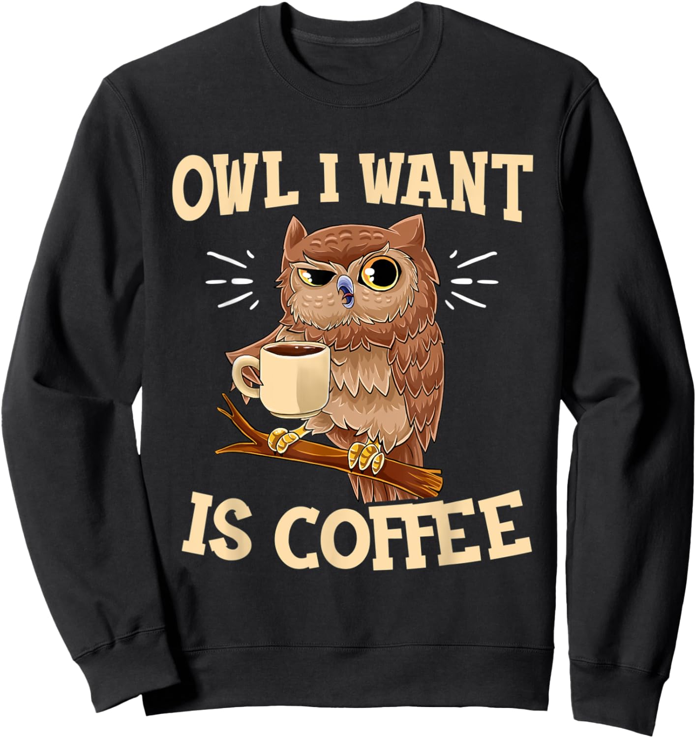 Owl I Want Is Coffee Funny Coffee Owl Saying Sweatshirt - Sweatshirt | Black