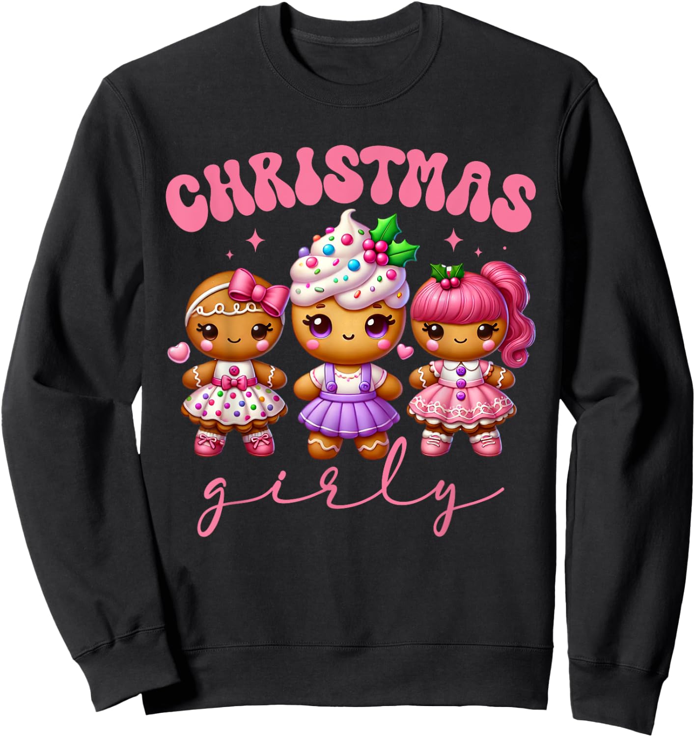 Pink Cute Gingerbread Christmas Girly Pajama Outfits Sweatshirt - Sweatshirt | Black
