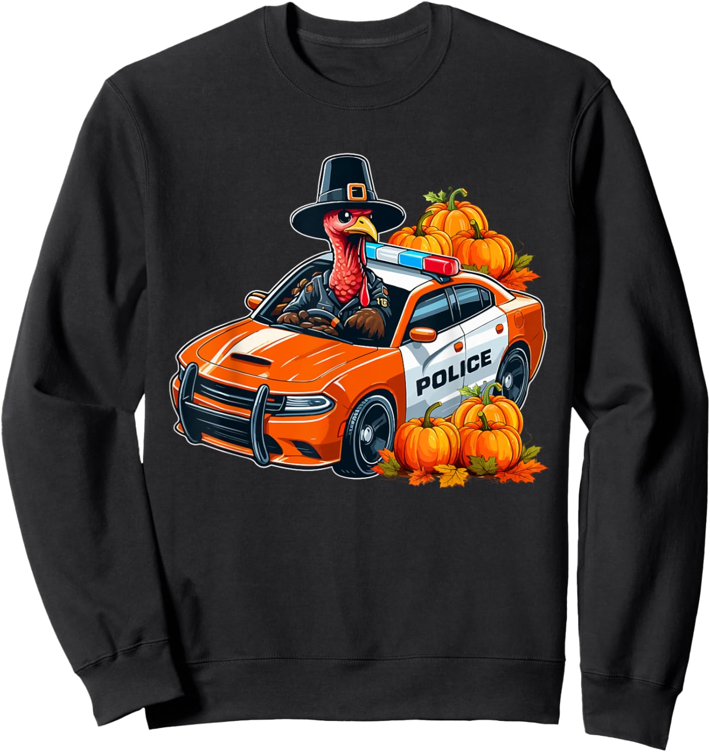 Turkey Driving Police Car Thanksgiving Driver Fall Pumpkins Sweatshirt - Sweatshirt | Black