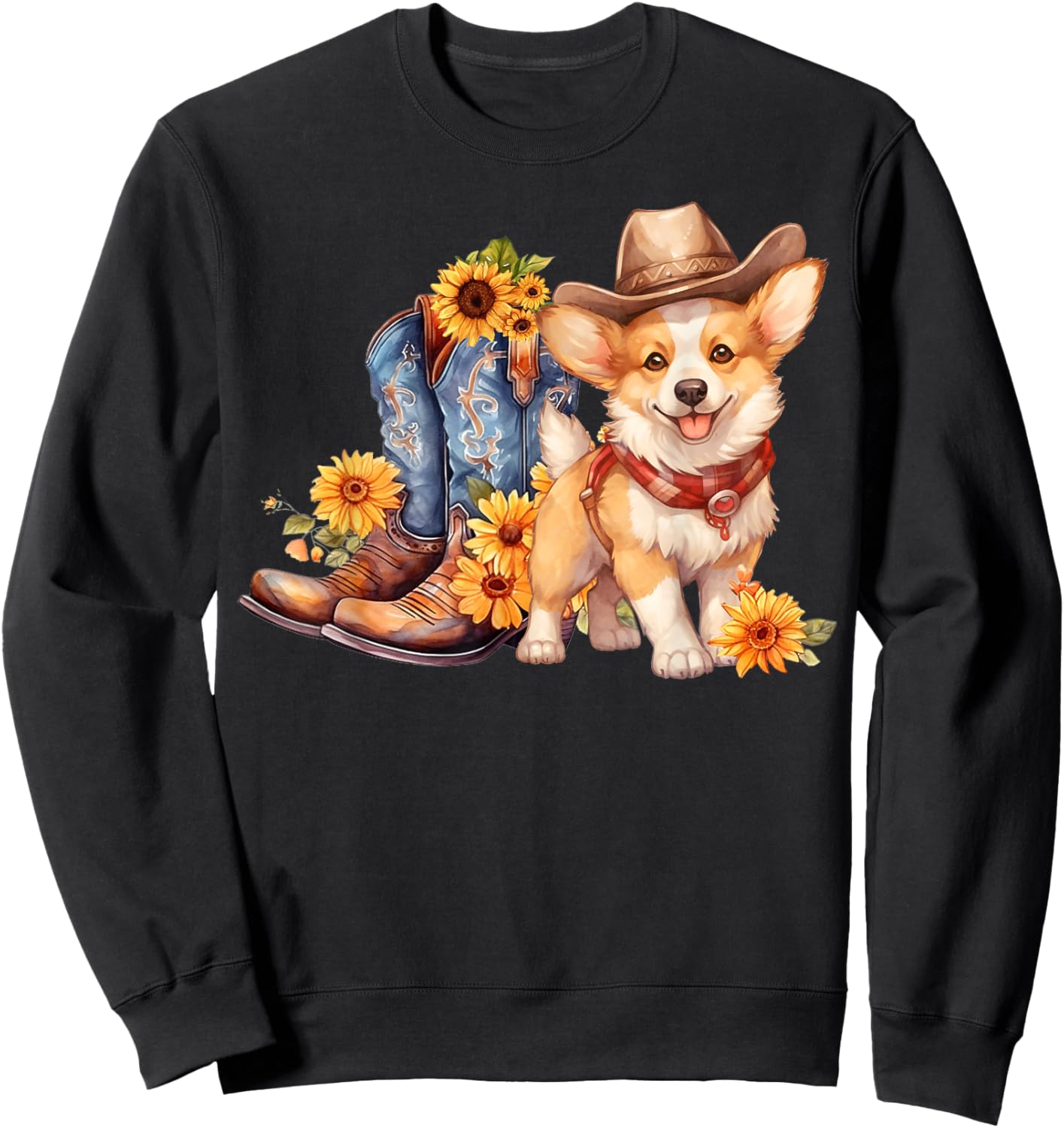 Pembroke Welsh Corgi Dog Cowgirl boots Cowboy hat Sunflower Sweatshirt - Sweatshirt | Black