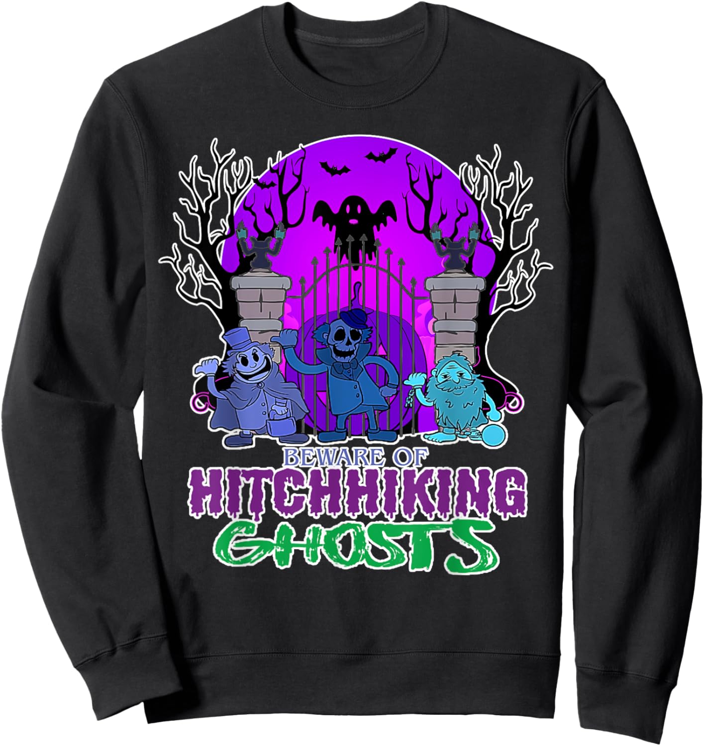 Beware Of Hitchhiking Ghosts Halloween Bat Funny Sweatshirt - Sweatshirt | Black