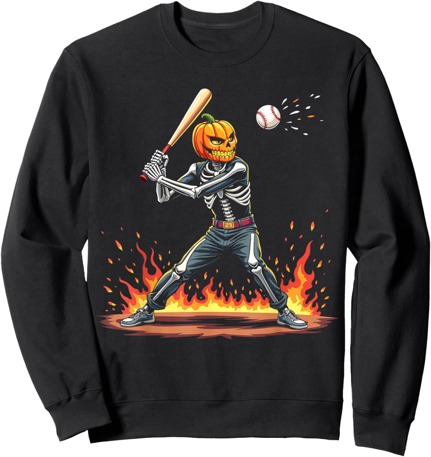 Pumpkin Head Skeleton Baseball Halloween Spooky Sports Sweatshirt - Sweatshirt | Black