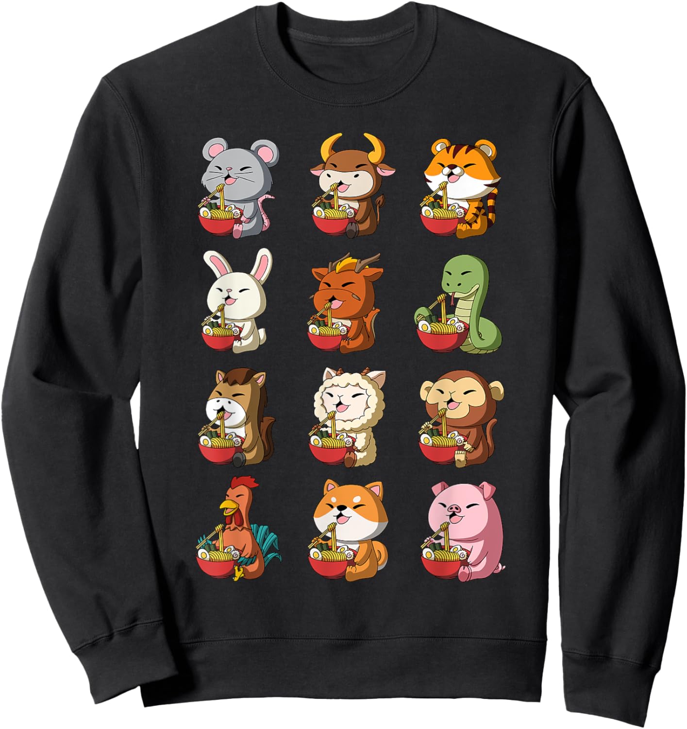 Cute Chinese Zodiac Animals Ramen Noddle Lunar New Year Sweatshirt - Sweatshirt | Black