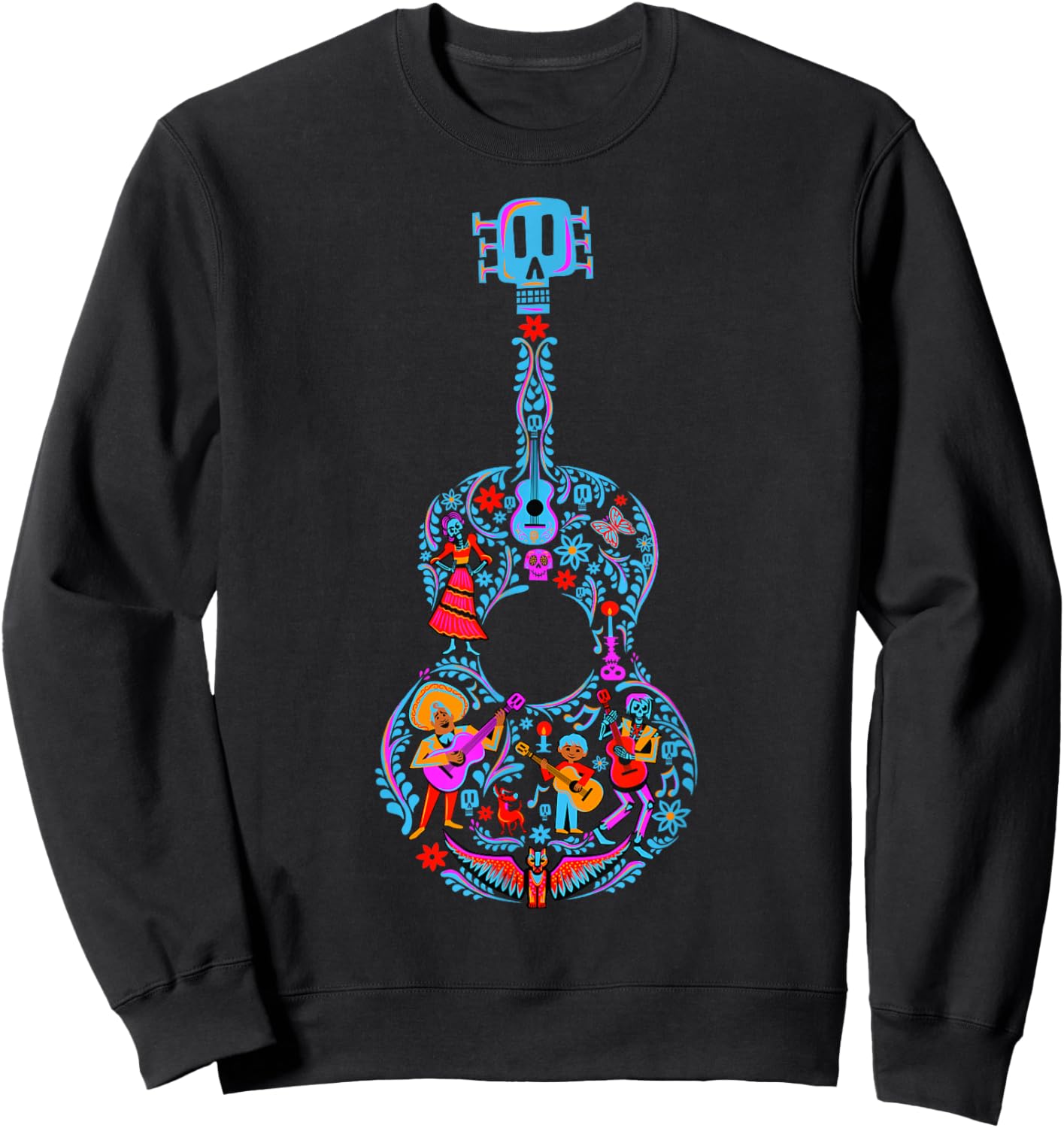 Disney Pixar Coco Guitar Collage Day Of The Dead Style Logo Sweatshirt - Sweatshirt | Black
