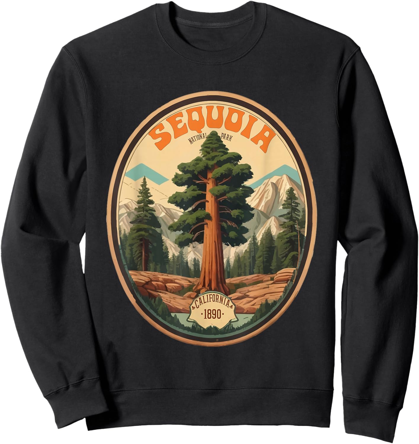 Sequoia National Park Tree Illustration Hiking Retro Badge Sweatshirt - Sweatshirt | Black