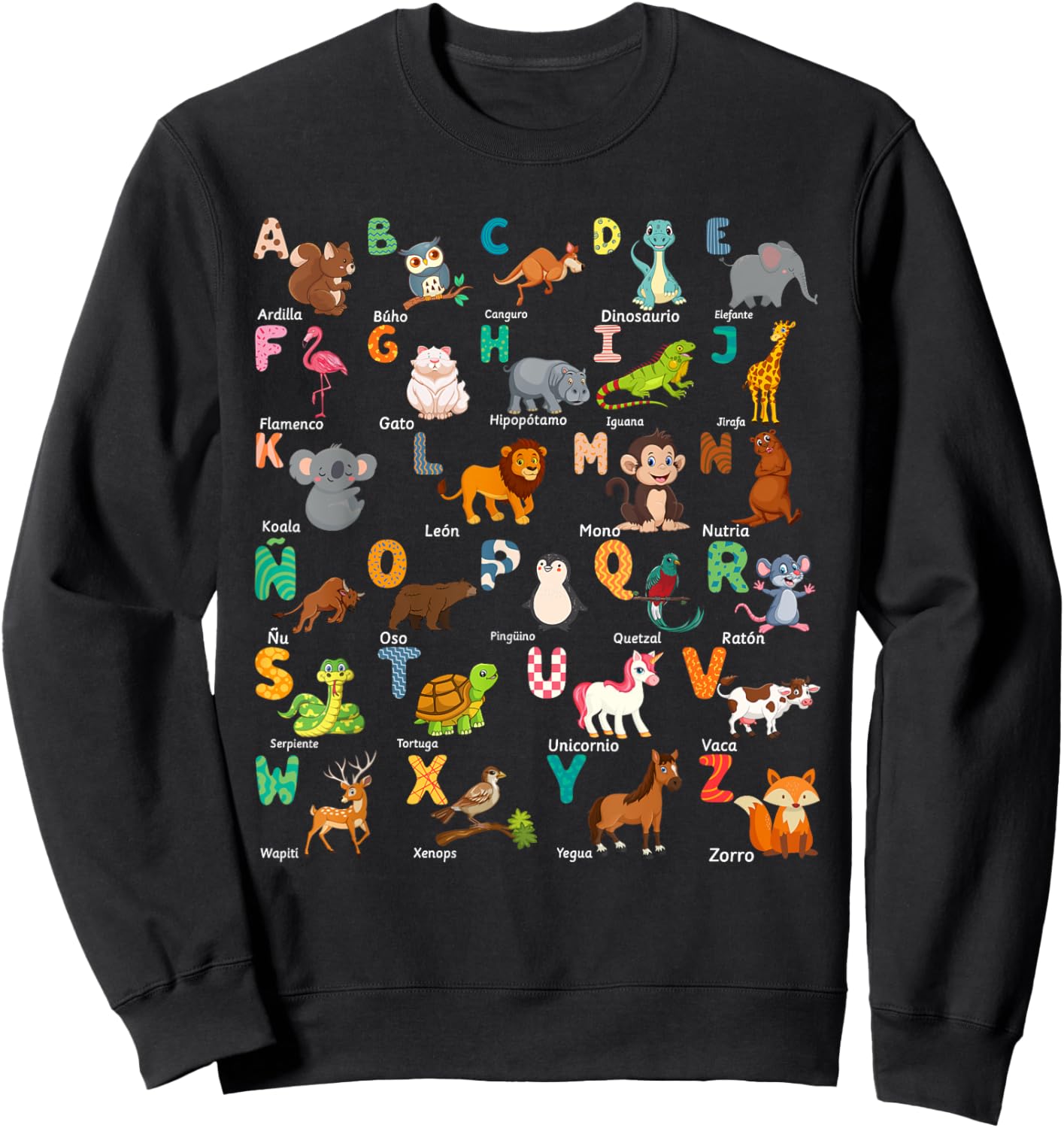 Animal Alphabet ABCs Spanish Learning Sweatshirt - Sweatshirt | Black