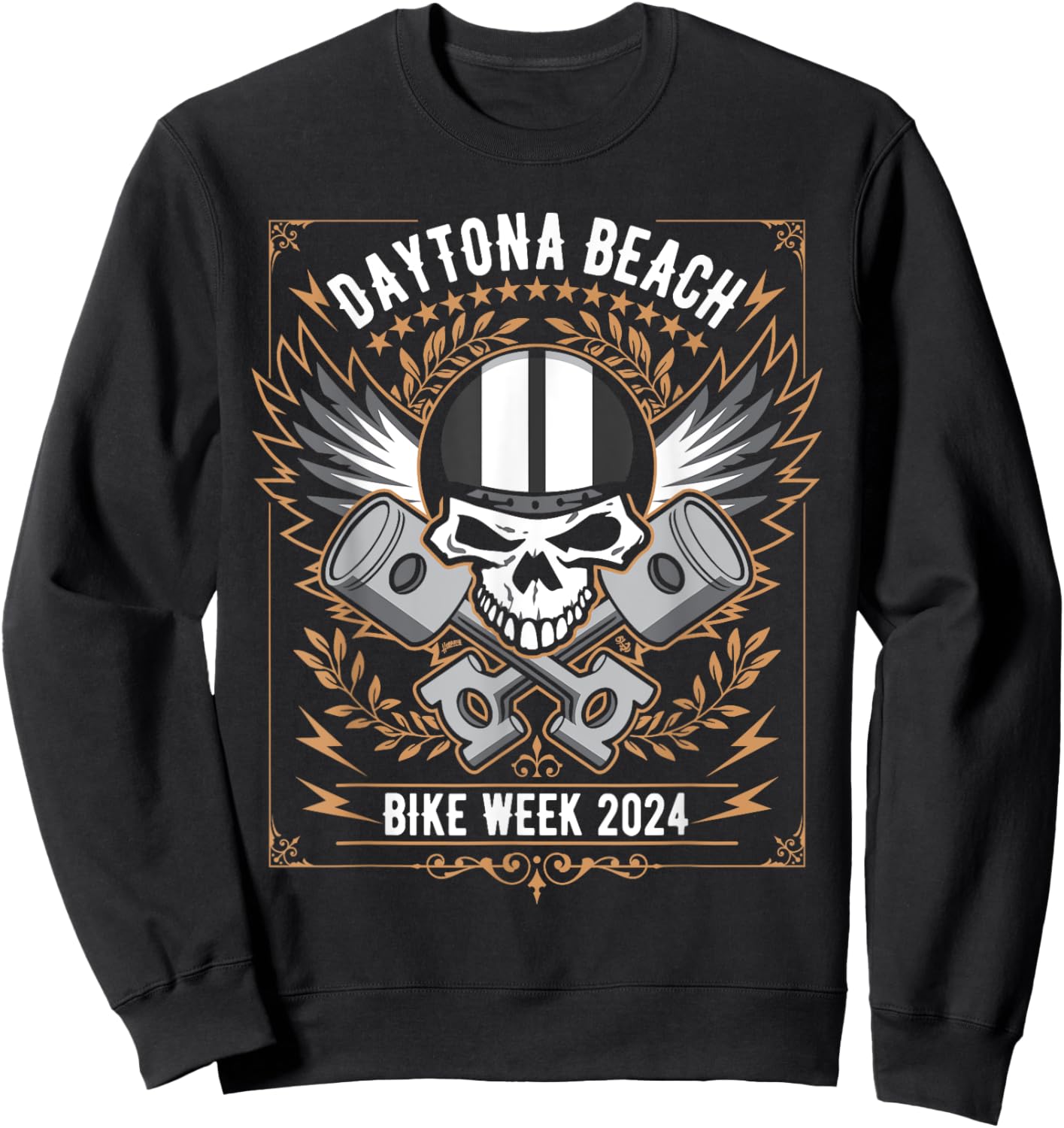 Daytona Beach Bike Week 2024 Retro Motorcycle Skull Design Men Women Sweatshirt - Sweatshirt | Black